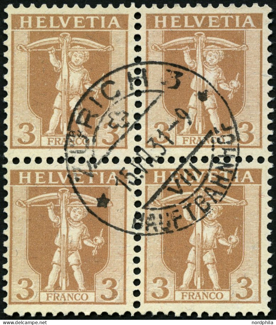 SCHWEIZ BUNDESPOST 95 VB O, 1907, 2 C. Dunkelocker Im Zentrisch Gestempelten Viererblock, Pracht - Oblitérés