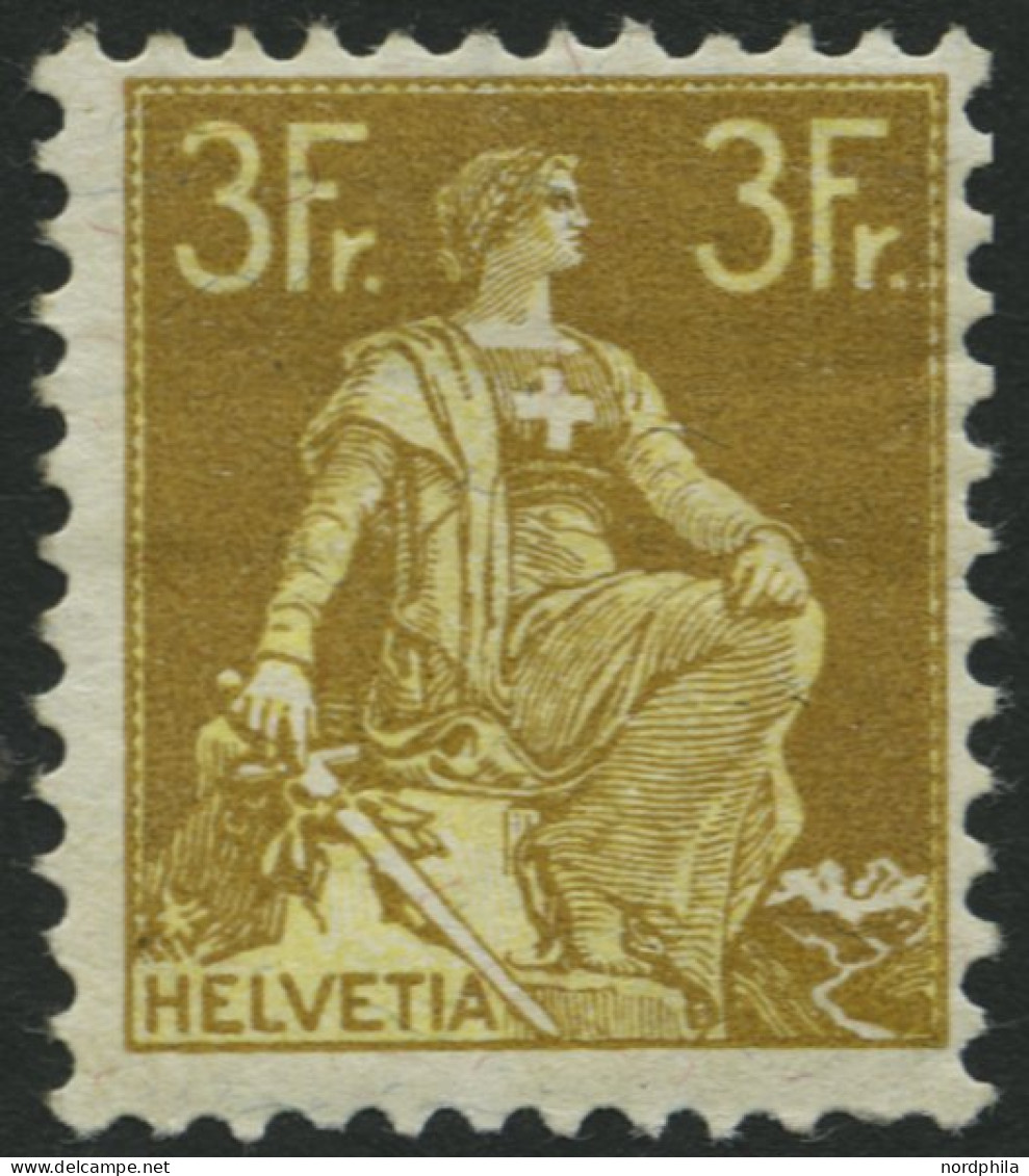 SCHWEIZ BUNDESPOST 110 , 1908, 3 Fr. Schwärzlichgraugelb/mattgelb, Falzreste, Feinst, Mi. 320.- - Ungebraucht