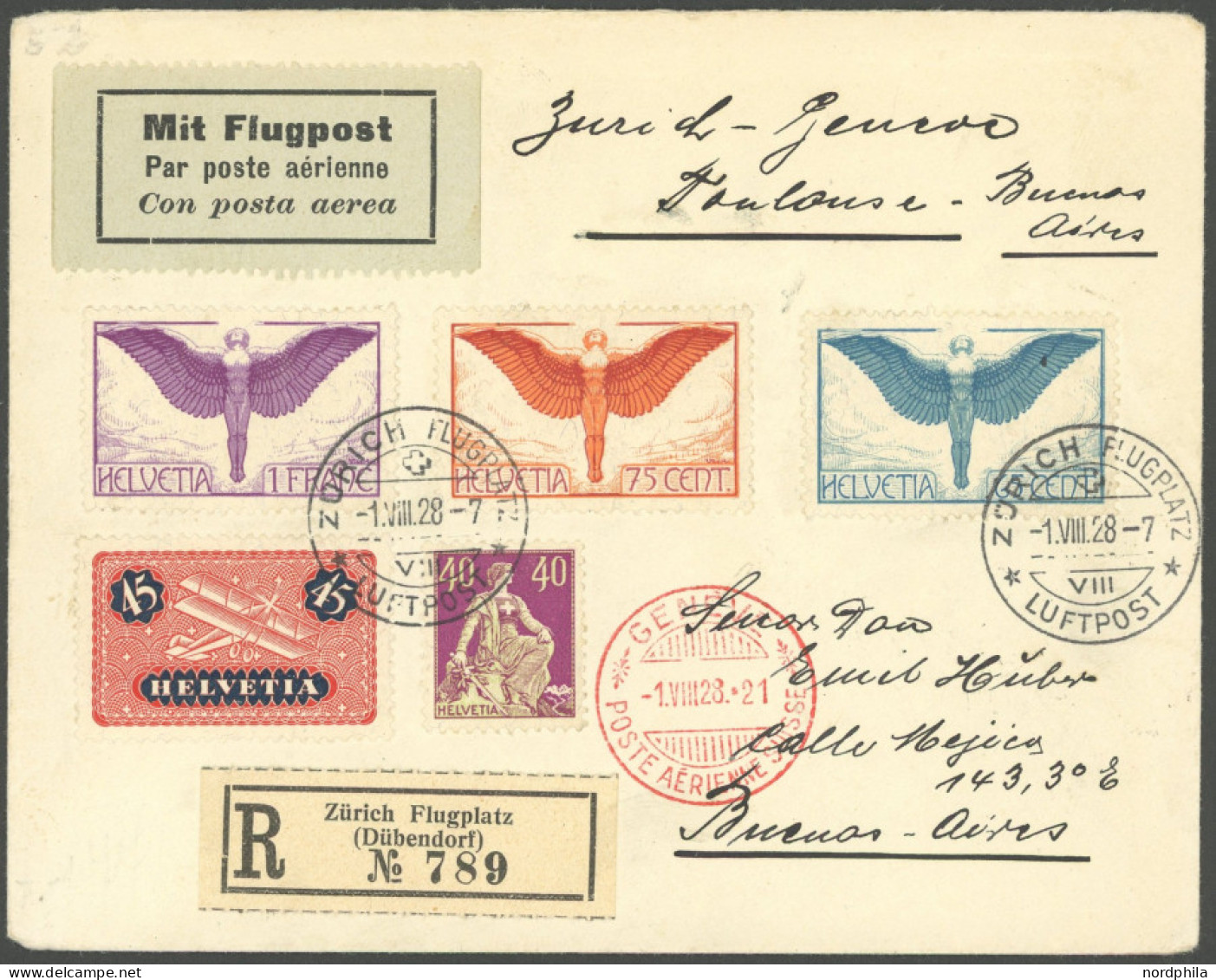 SCHWEIZ BUNDESPOST 189-91x BRIEF, 1928, Flugpost, Gewöhnliches Papier, Mit Zusatzfrankatur Auf Luftpost-Einschreibbrief  - Other & Unclassified