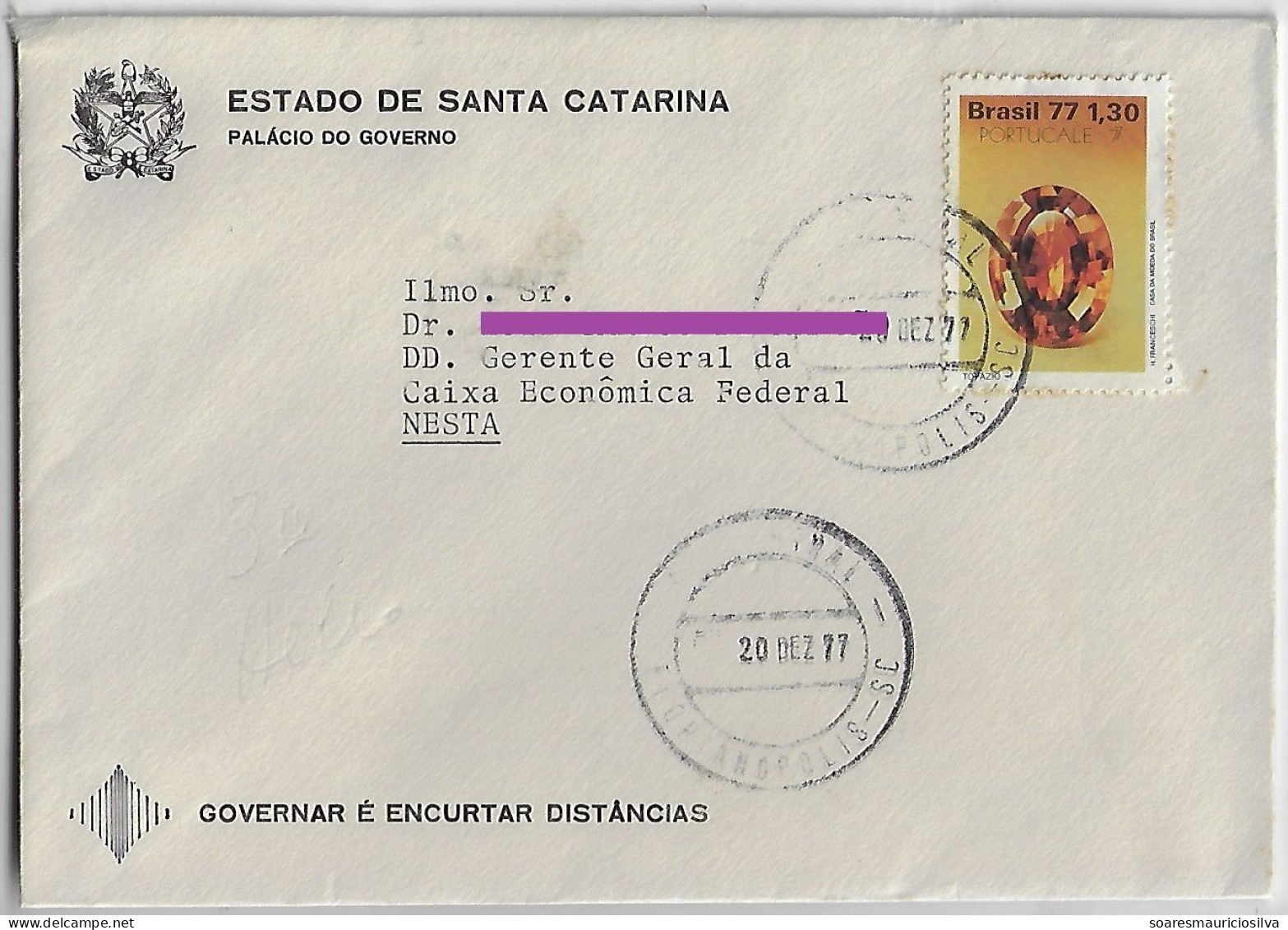 Brazil 1977 Santa Catarina State Cover Shipped In Florianópolis Stamp Precious Stone Topaz Jewel Geology Mineral - Covers & Documents