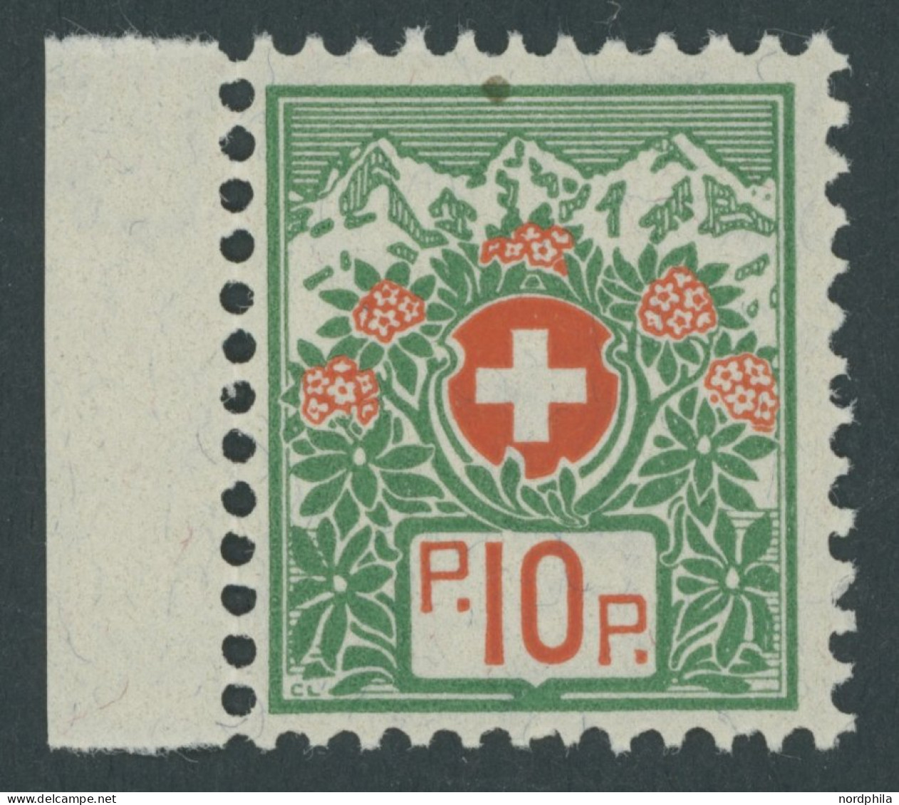 PORTOFREIHEITSMARKEN Pf 12IIx , 1927, 10 C. Alpenrose, Faserpapier, Ohne Kontrollnummer, Postfrisch, Pracht, Mi. 70.- - Franchise