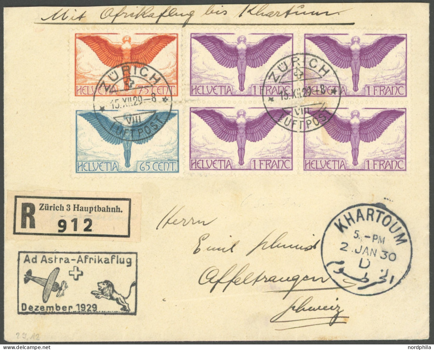 LUFTPOST SF 29.12d BRIEF, 15.12.1929, 2. SCHWEIZER AFRIKAFLUG, Zürich-Khartoum, Einschreibbrief Mit Guter Frankatur (Mi. - Erst- U. Sonderflugbriefe