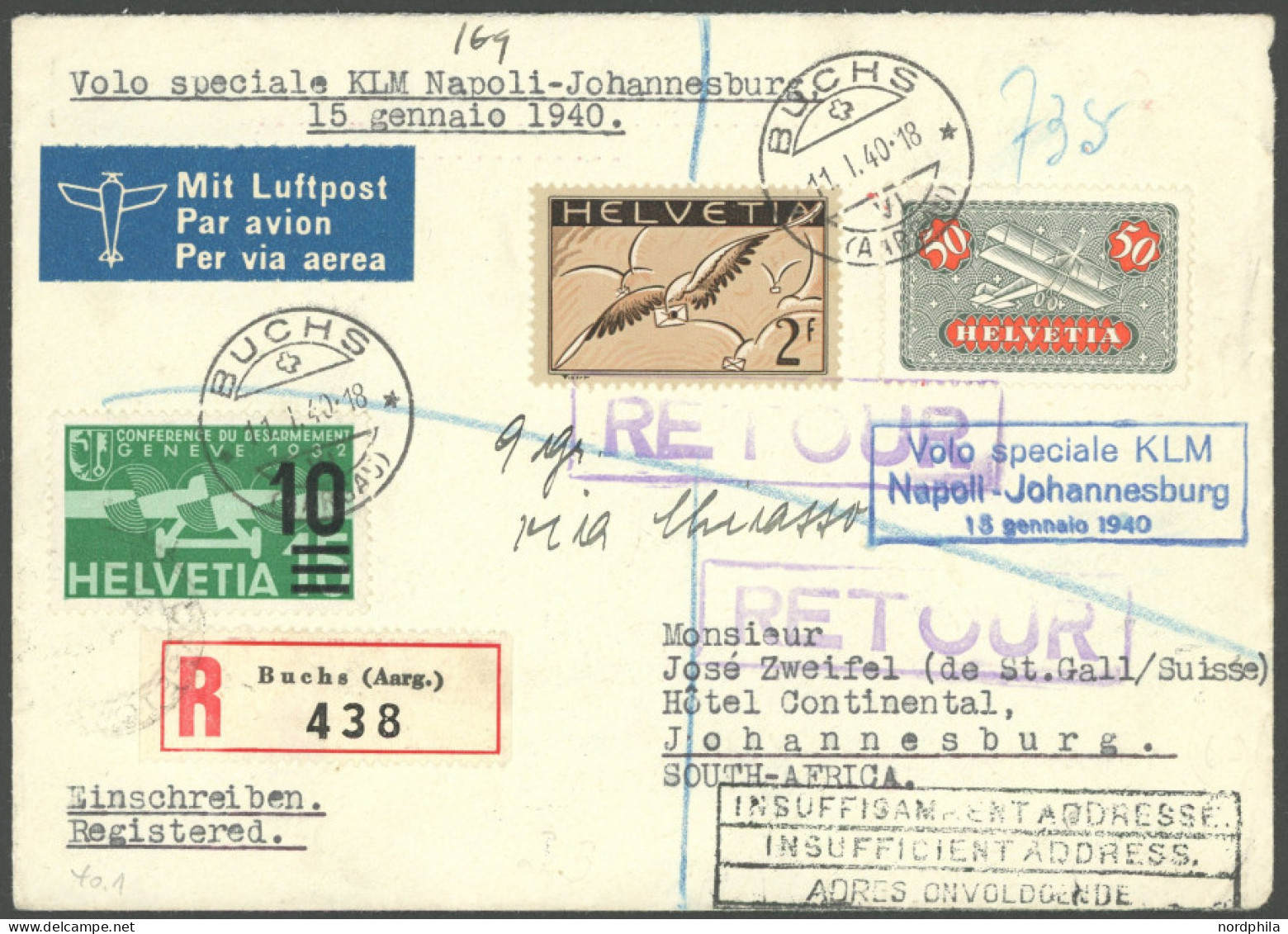 LUFTPOST SF 40.1 BRIEF, 15.1.1940, NEAPEL-JOHANNISBURG, Bedarfs-Einschreibbrief Mit Retour-Vermerk, Pracht - Premiers Vols