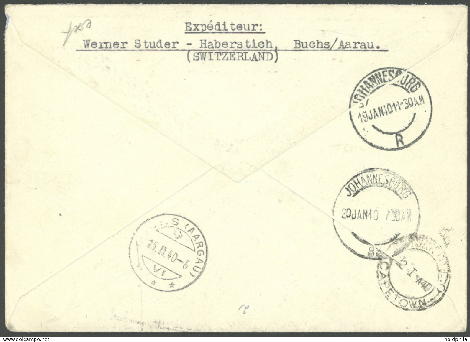 LUFTPOST SF 40.1 BRIEF, 15.1.1940, NEAPEL-JOHANNISBURG, Bedarfs-Einschreibbrief Mit Retour-Vermerk, Pracht - Erst- U. Sonderflugbriefe