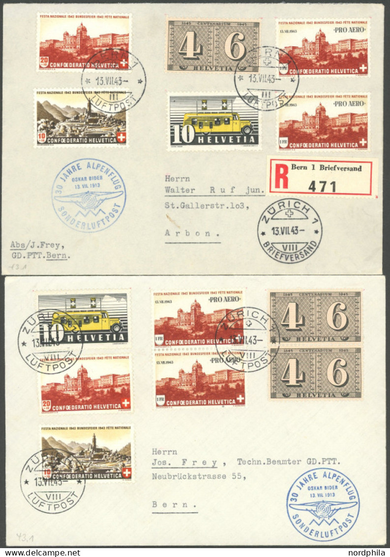 LUFTPOST SF 43.1 BRIEF, 13.7.1943, 30 Jahre Alpenflug, BERN-ZÜRICH Und ZÜRICH-BERN, 2 Prachtbriefe - First Flight Covers