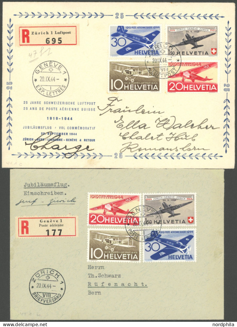 LUFTPOST SF 44.1c,m BRIEF, 20.9.1944, ZÜRICH-GENF Und GENF-ZÜRICH, 2 Einschreibbriefe, Feinst/Pracht - Erst- U. Sonderflugbriefe