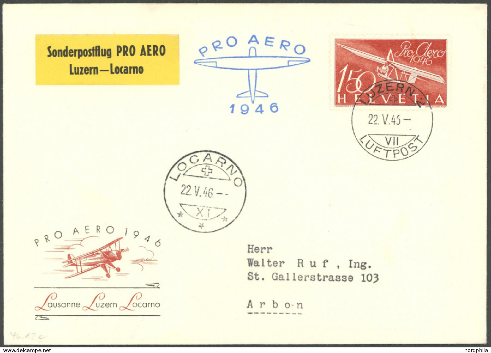 LUFTPOST SF 46.12c BRIEF, 22.5.1946, LUZERN-LOCARNO, Prachtbrief - Erst- U. Sonderflugbriefe