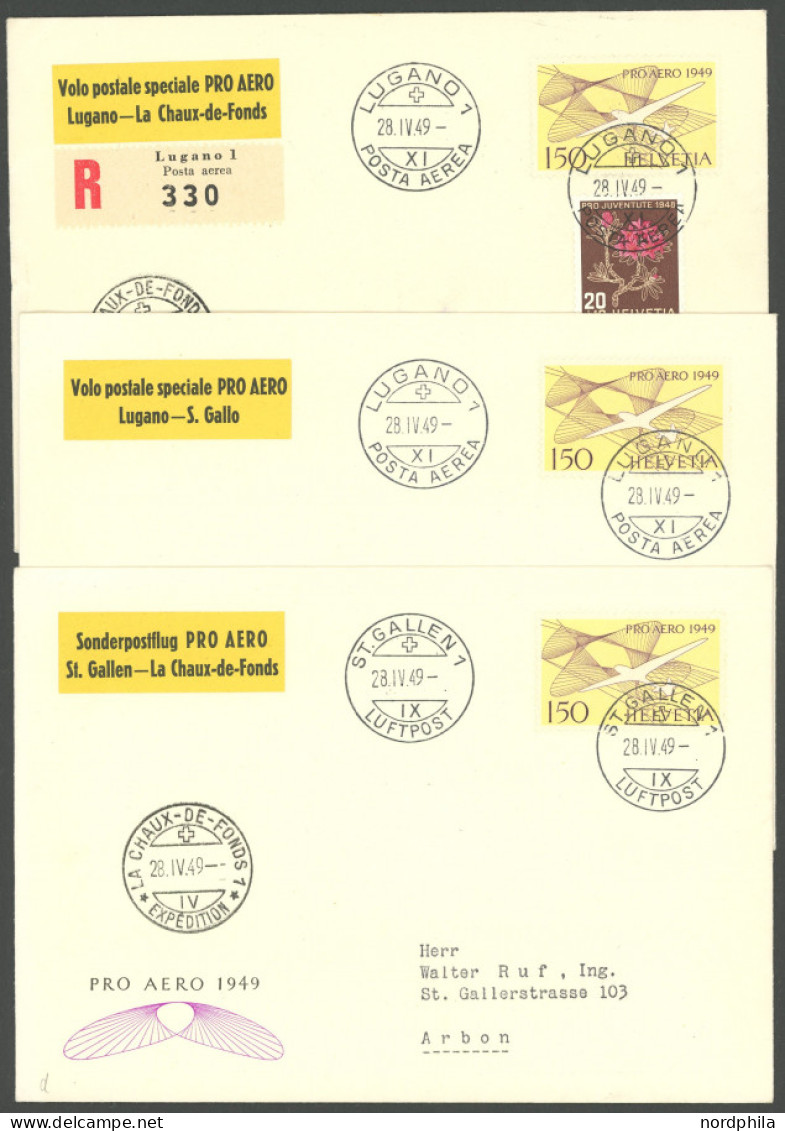 LUFTPOST SF 49.4d-f BRIEF, 28.4.1949, Pro Aero Sonderflüge, 3 Rückflüge, Pracht - Premiers Vols