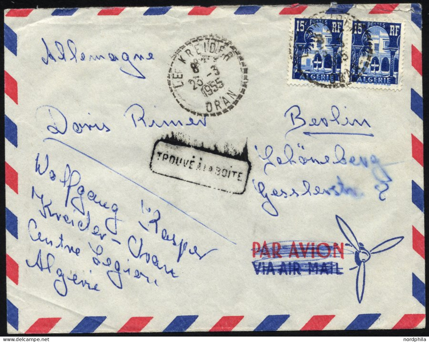 ALGERIEN 328 Paar BRIEF, 1955, 15 Fr. Blau/hellblau Im Paar Auf Brief Eines Deutschen Fremdenlegionärs Aus Der Nähe Von  - Brieven En Documenten