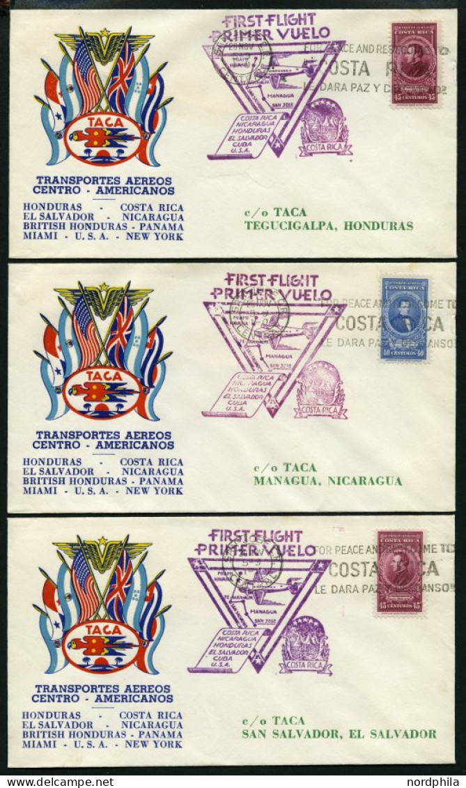 COSTA-RICA 1943, 3 Verschiedene Erstflugbelege First Flight Primer Vuelo, Pracht - Costa Rica
