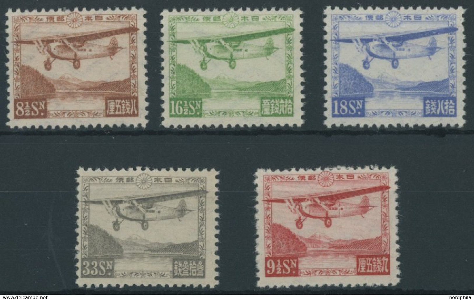 JAPAN 195-98,204 , 1929/34, Flugzeuge, Falzrest, 5 Prachtwerte, Mi. 265.- - Ungebraucht