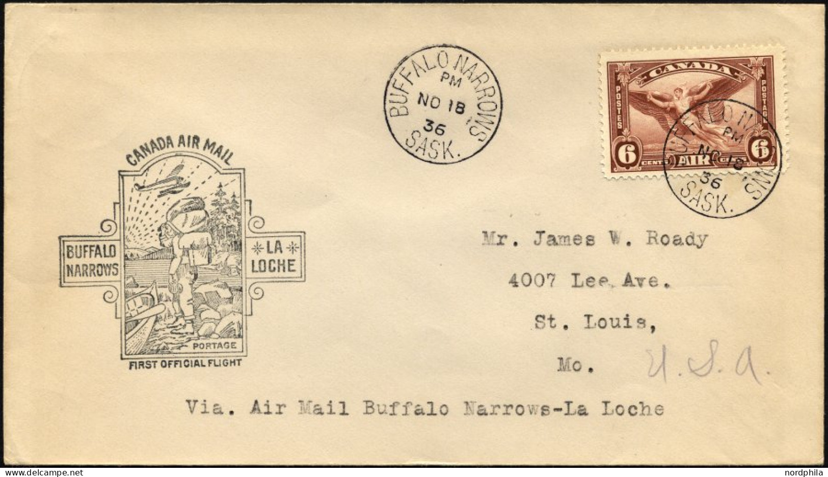 KANADA 196 BRIEF, 18.11.1936, Erstflug BUFFALO NARROWS-LA LOCHE (Teiletappe), Prachtbrief, Müller 286a - Airmail