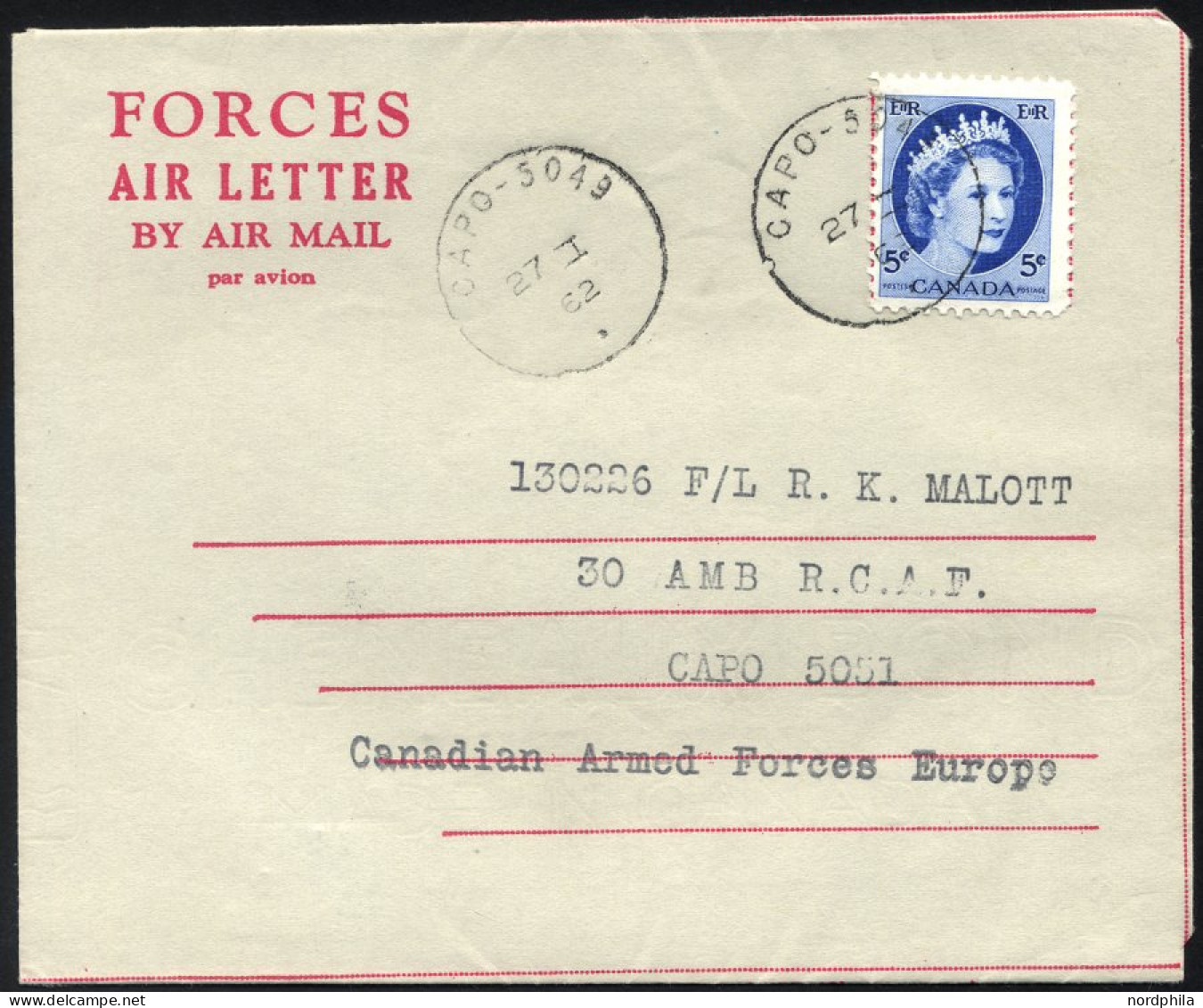KANADA 294 BRIEF, 1962, 5 C. Hellblau Mit K1 CAPO-5049 Auf Feldpost-Aerogramm Der Kanadischen Truppen (UNEF), Befördert  - Briefe U. Dokumente