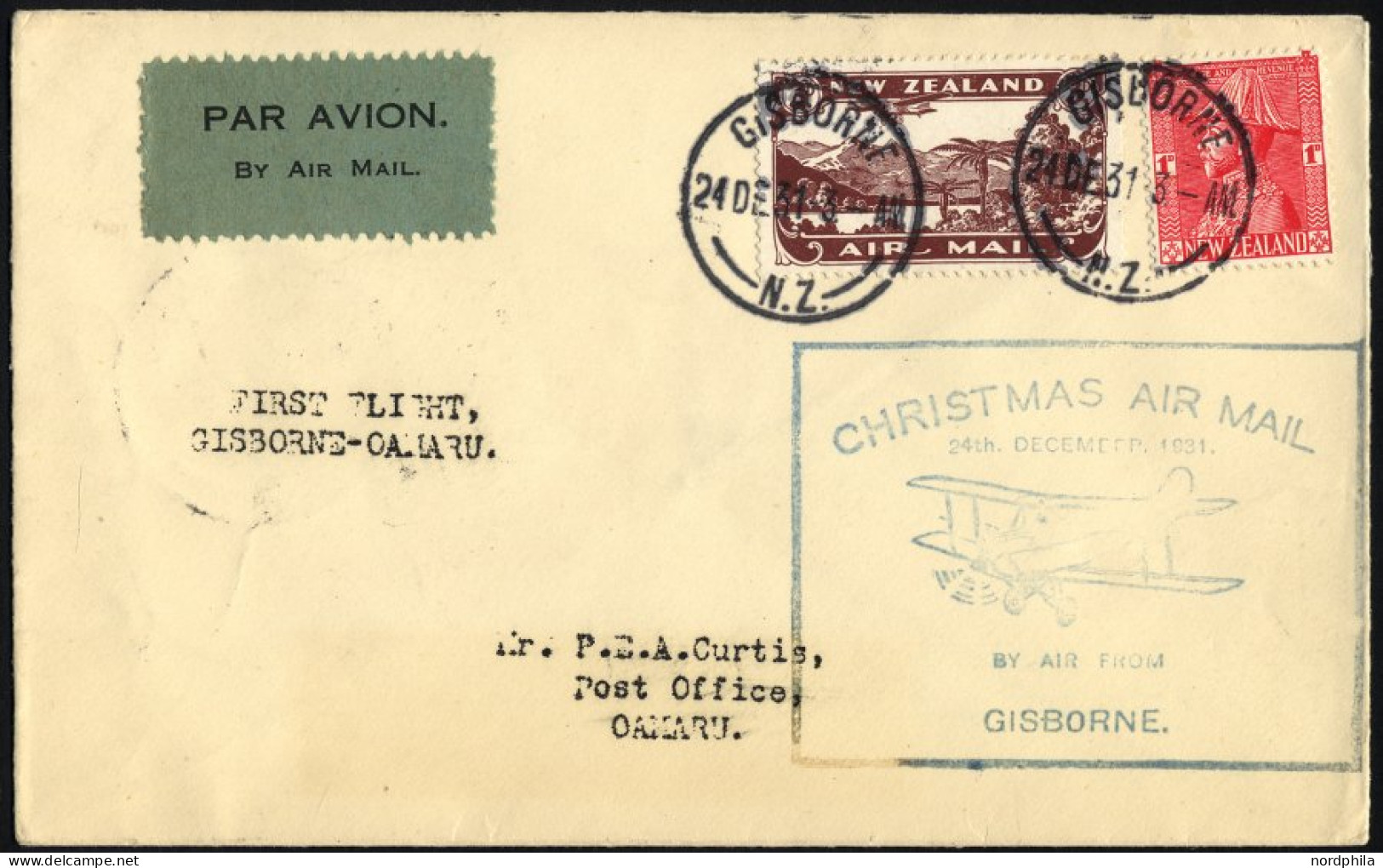 NEUSEELAND 174,181 BRIEF, 24.12.1931, 4 P. Auf Weihnachtssonderflug GISBORNE-OAMARU, Prachtbrief, Müller 97 - Other & Unclassified