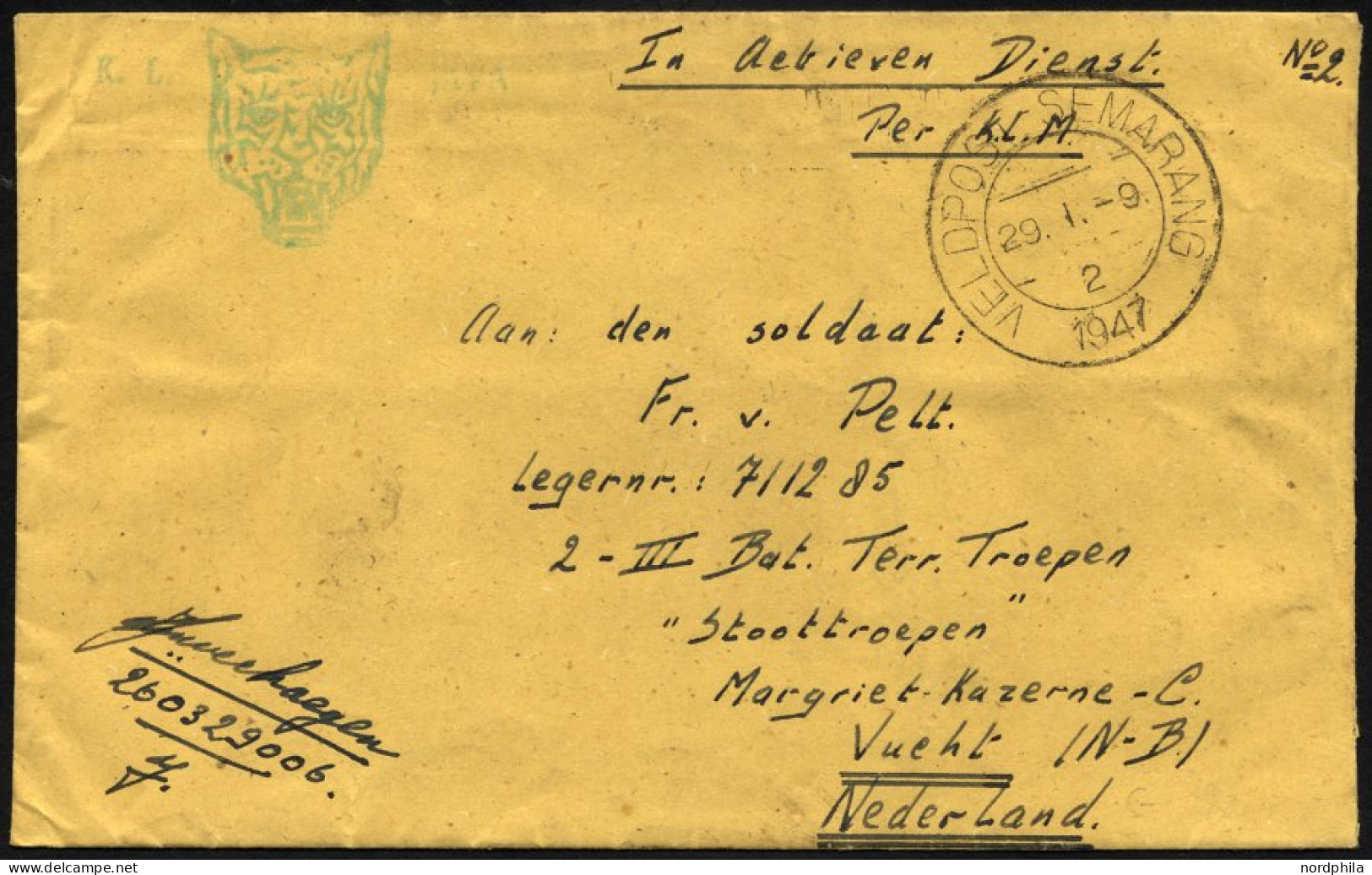 NIEDERLÄNDISCH-INDIEN 1947, K2 VELDPOST-SEMARANG/2/1947 Und Handschriftlich Im Aktiven Dienst Auf Luft-Feldpostbrief Von - Niederländisch-Indien