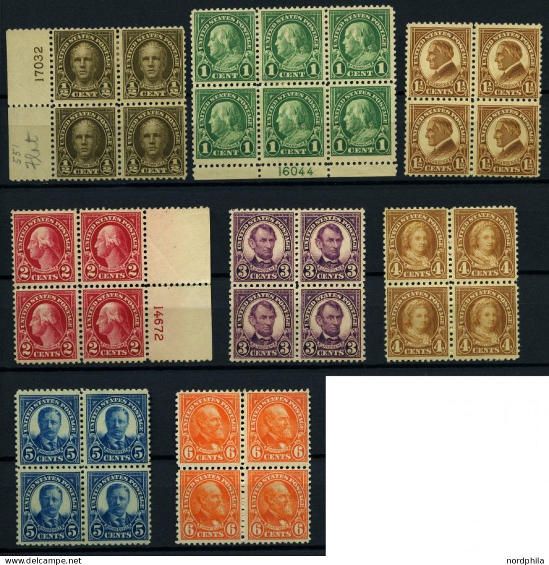 USA 259-68A VB , , Scott 551-58, 1922-25, 1/2 C. - 6 C. Bedeutende Persönlichkeiten, Gezähnt L 11, 8 Viererblocks, Davon - Ungebraucht