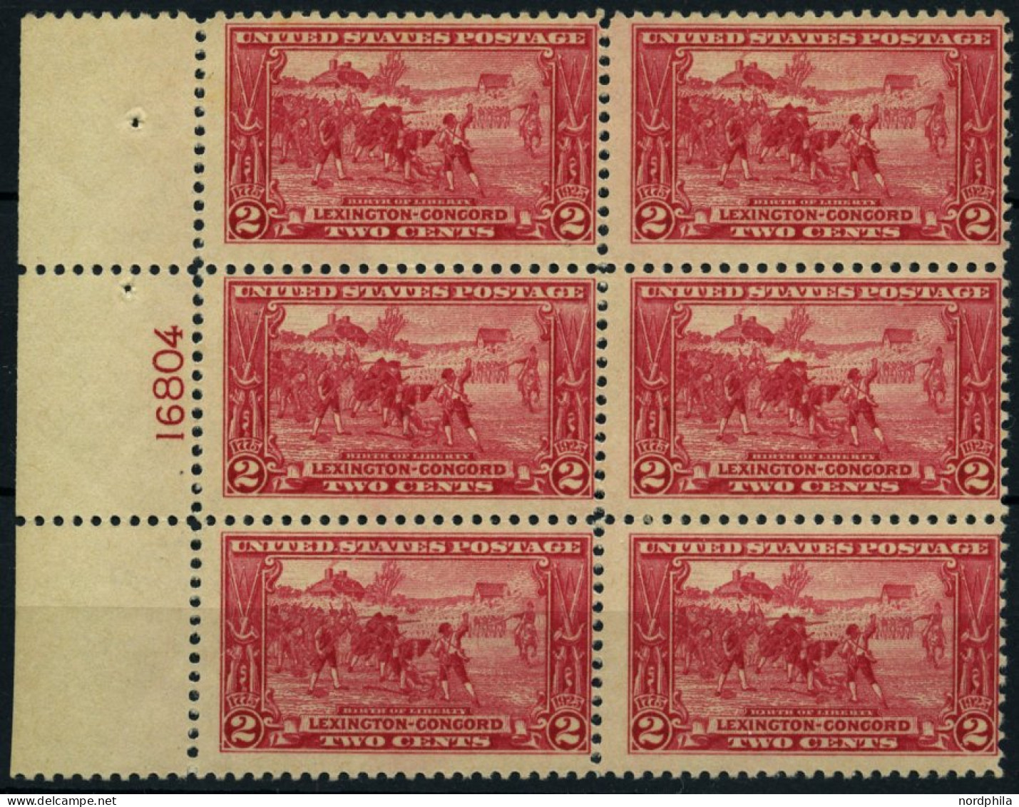 USA 294 , Scott 618, 2 C. Lexington-Concord Im Postfrischen Sechserblock Mit Plattennummer, $ 90.- - Multiples & Strips