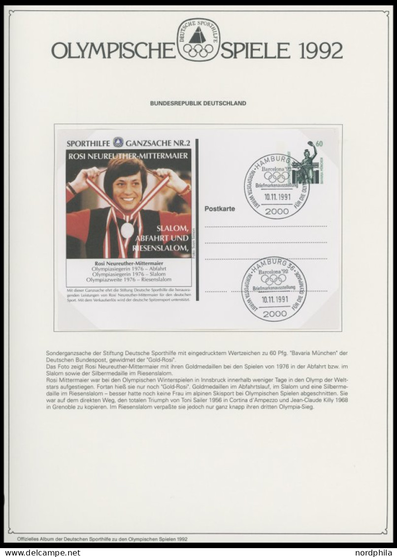 SPORT ,Brief , Olympische Spiele 1992 im Spezialalbum der Deutschen Sporthilfe mit Blocks, Bogen, Markenheftchen, Streif