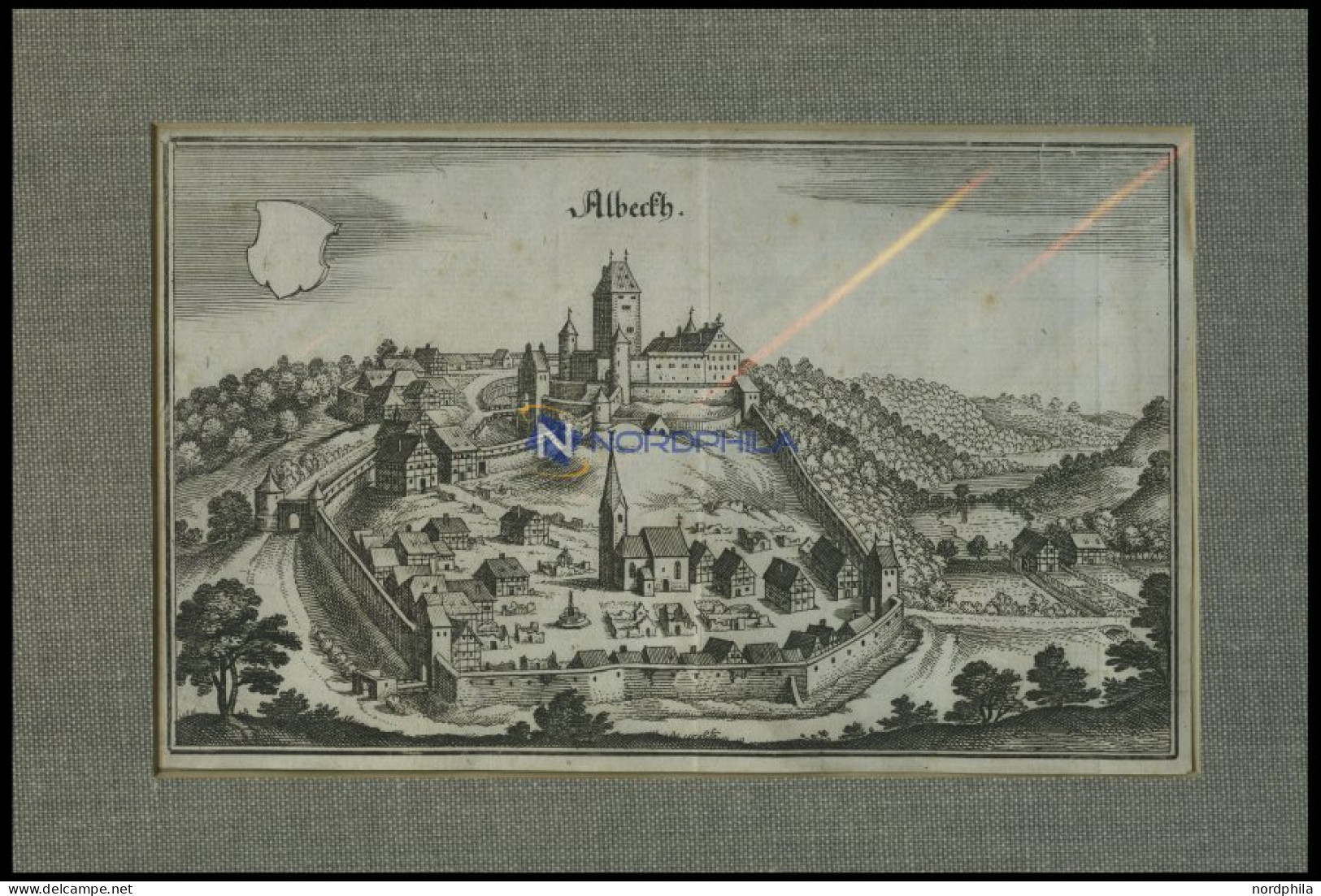 ALBECK, Gesamtansicht, Kupferstich Von Merian Um 1645 - Stiche & Gravuren