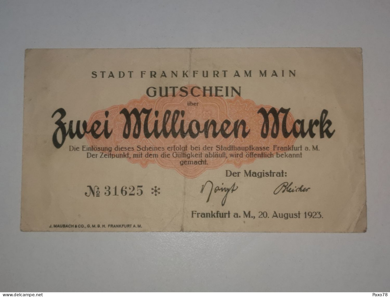 Allemagne, 2 Millionen Mark 1923, Stadt Frankfurt - Non Classificati