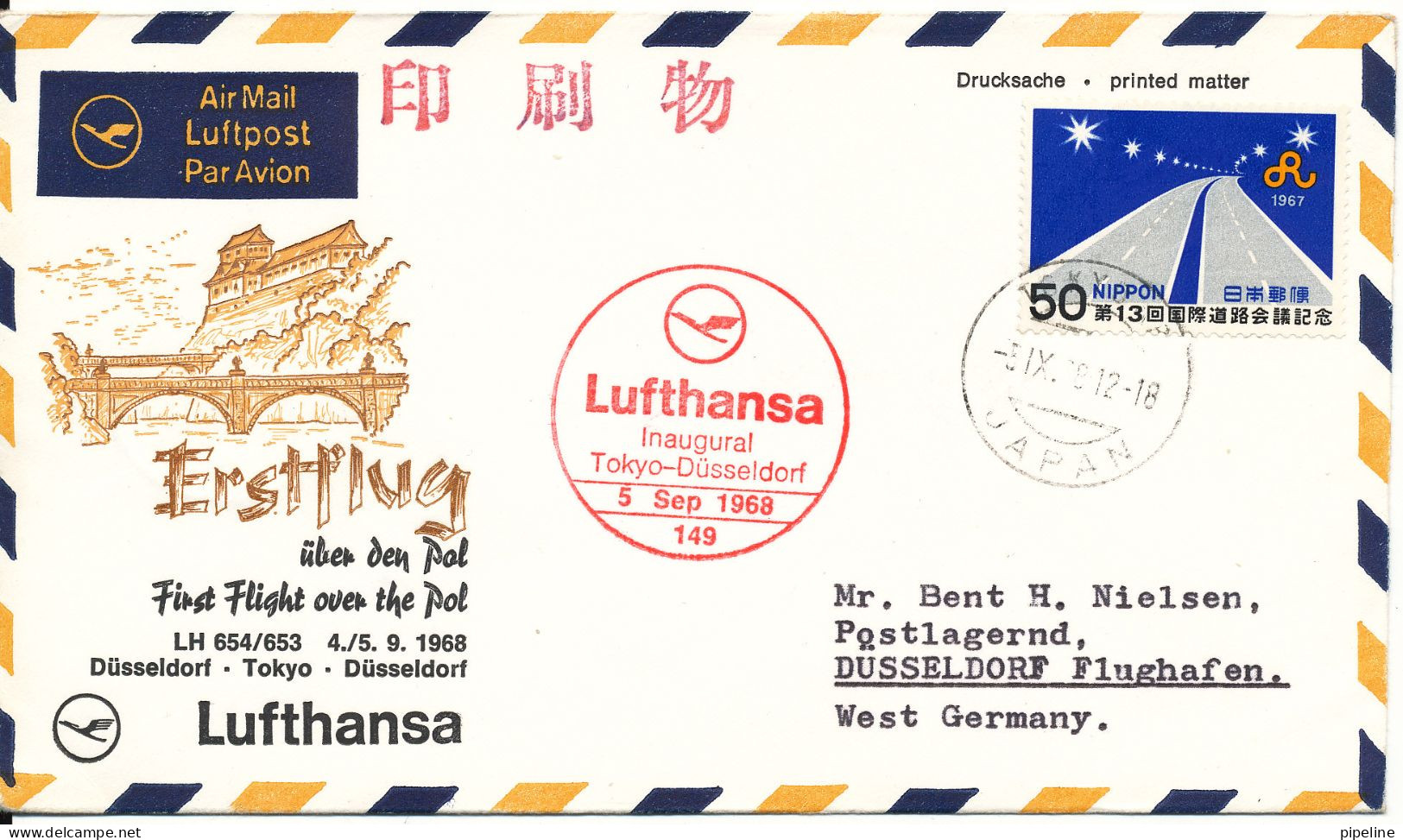 Japan Lufthansa First Flight Cover Tokyo - Düsseldorf  Over The Pole 5-9-1969 - Corréo Aéreo