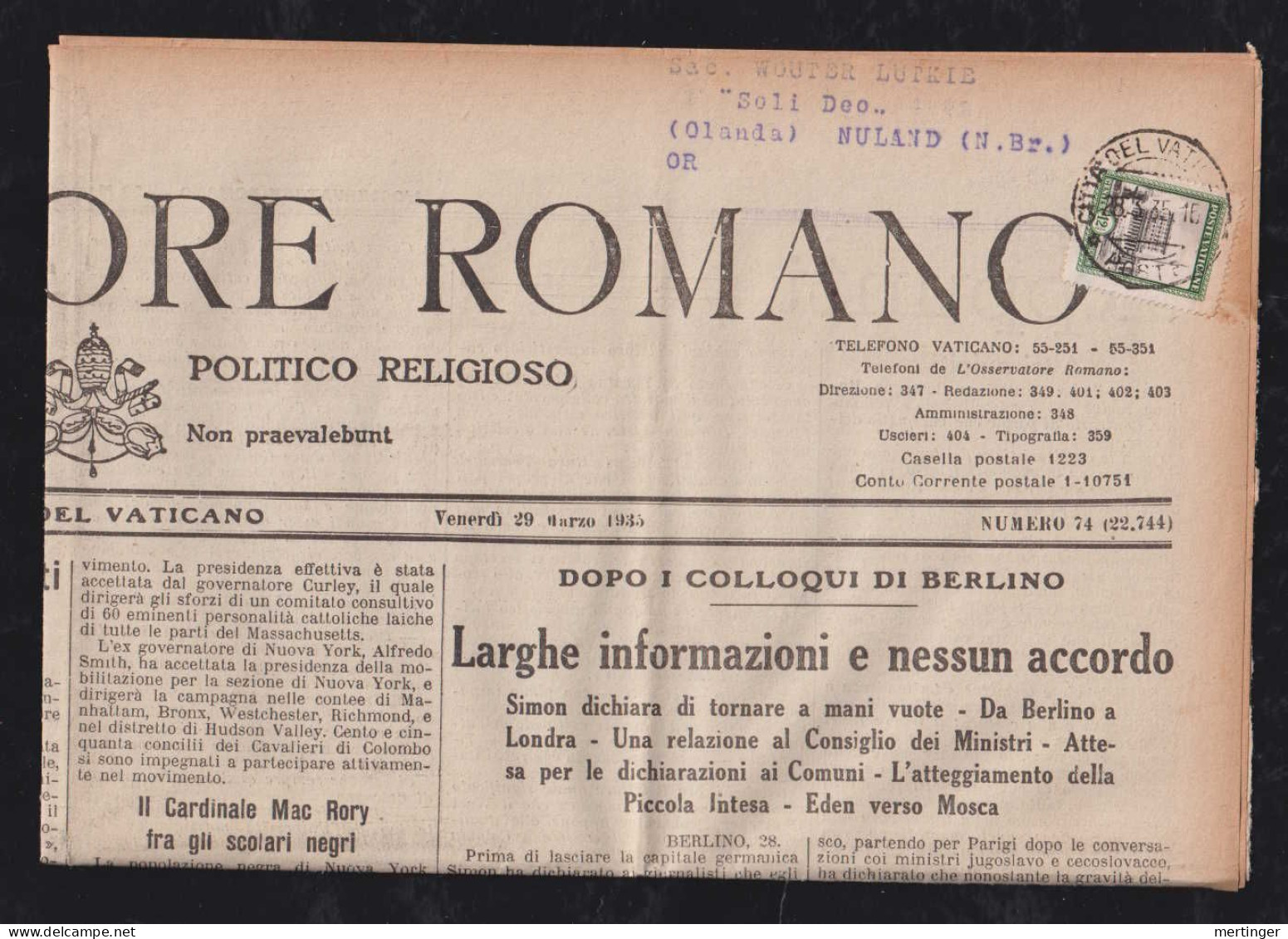 Vatikan Vatican 1935 Newspaper 12½c To NULAND Netherlands L'OSSERVATORE ROMANO Unusual - Cartas & Documentos