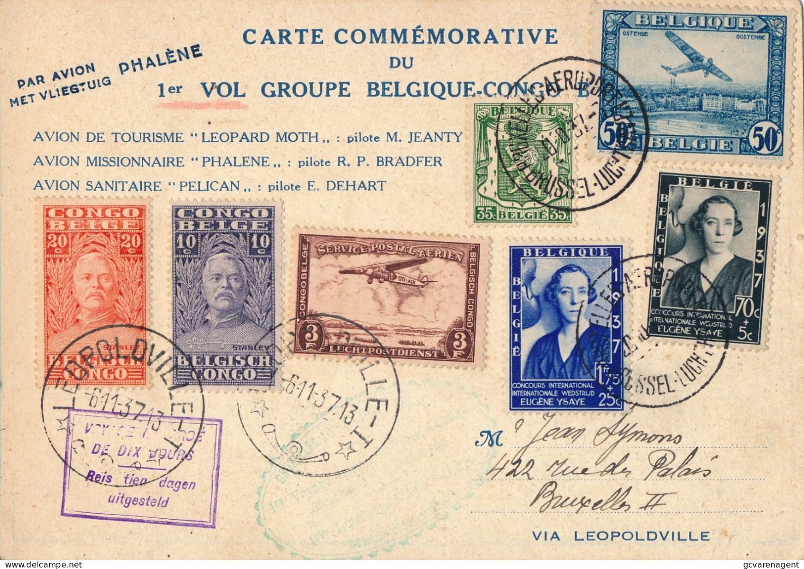 Carte Commémorative Vol Groupe Belgique-Congo   1937   Via Leopoldville  Par Avion Phalene    2 Scans - Sonstige & Ohne Zuordnung