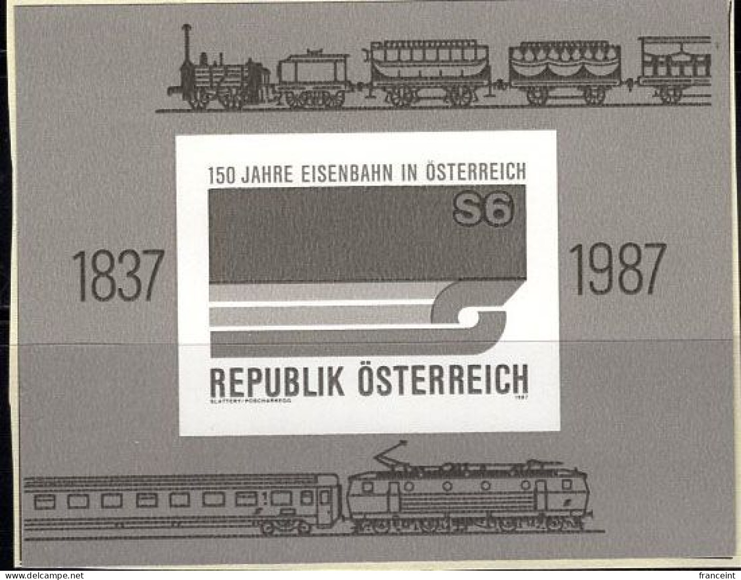 AUSTRIA(1987) Trains. Black Print Of Souvenir Sheet. Sesquicentennial Of Austrian Railways. Scott No 1399, Yvert No BF14 - Proofs & Reprints