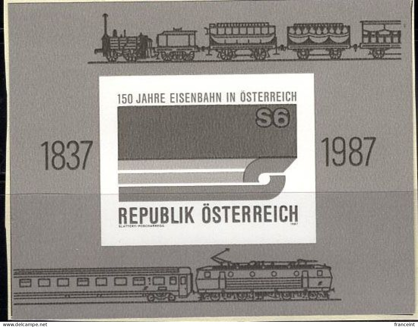 AUSTRIA(1987) Trains. Black Print Of Souvenir Sheet. Sesquicentennial Of Austrian Railways. Scott No 1399, Yvert No BF14 - Prove & Ristampe