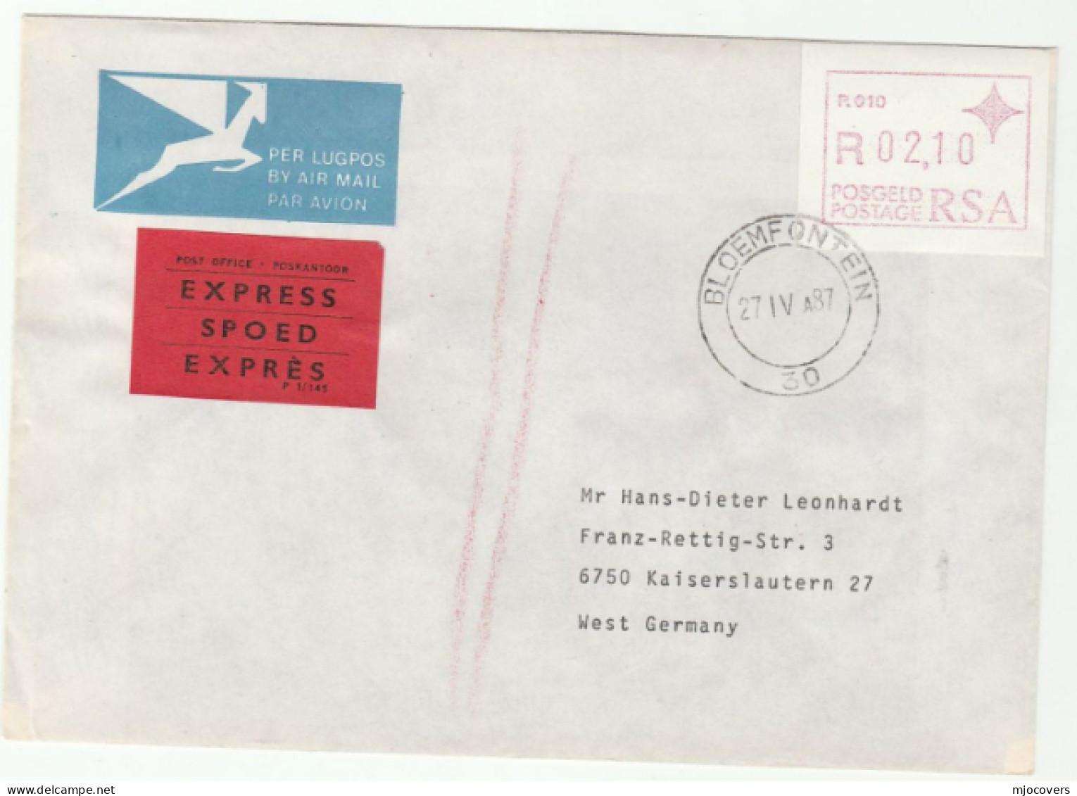 1987 Express SOUTH AFRICA  R 02.10 FRAMA ATM Label  Stamps COVER To GERMANY Bloemfontein To Kaiserslautern Via Frankfurt - Brieven En Documenten