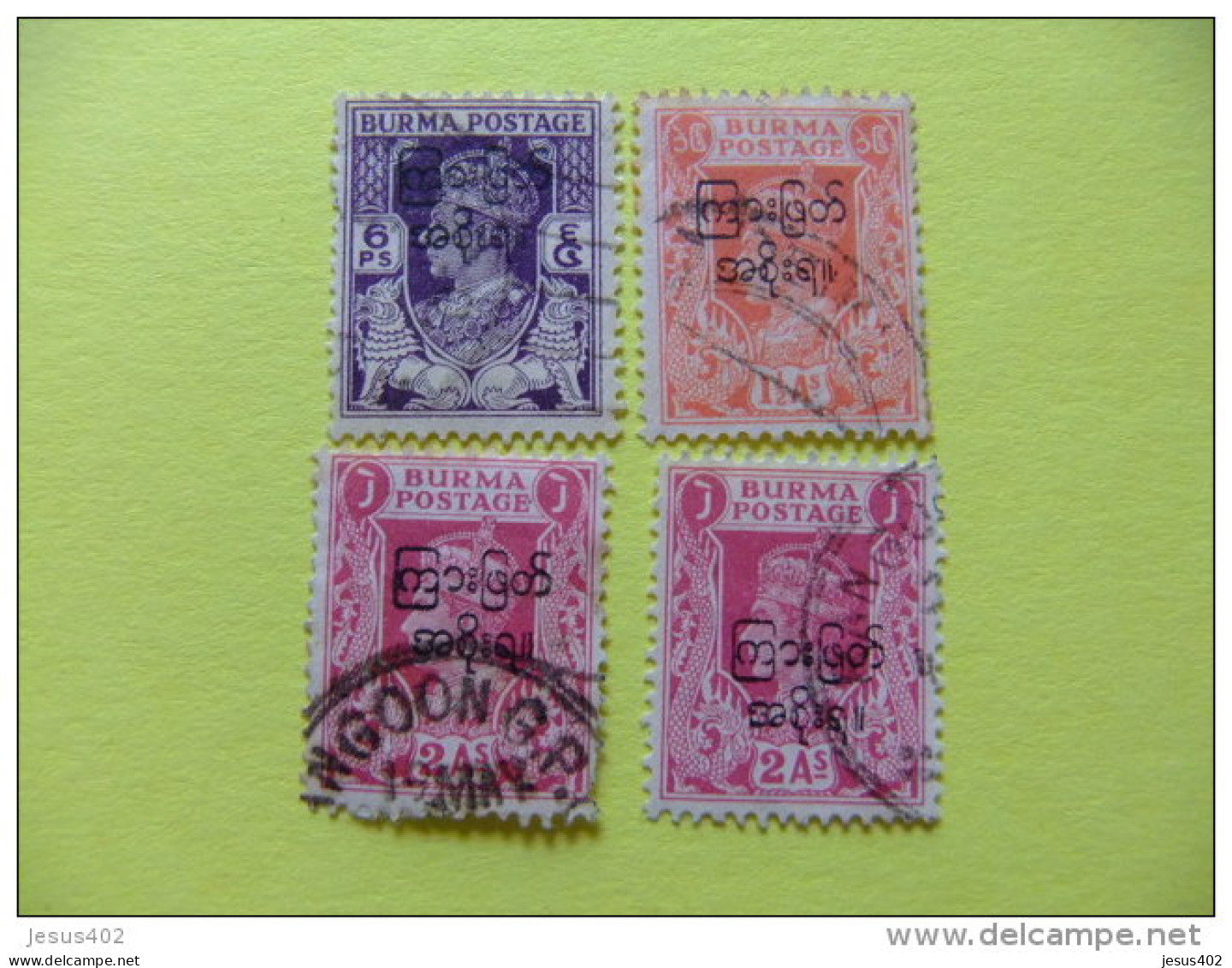 BIRMANIA BURMA BIRMANIE 1947 LOTE 4 Sellos Yvert Nº 2 + 5 +6 + 6 º FU SOBRECARGADOS - Birmania (...-1947)