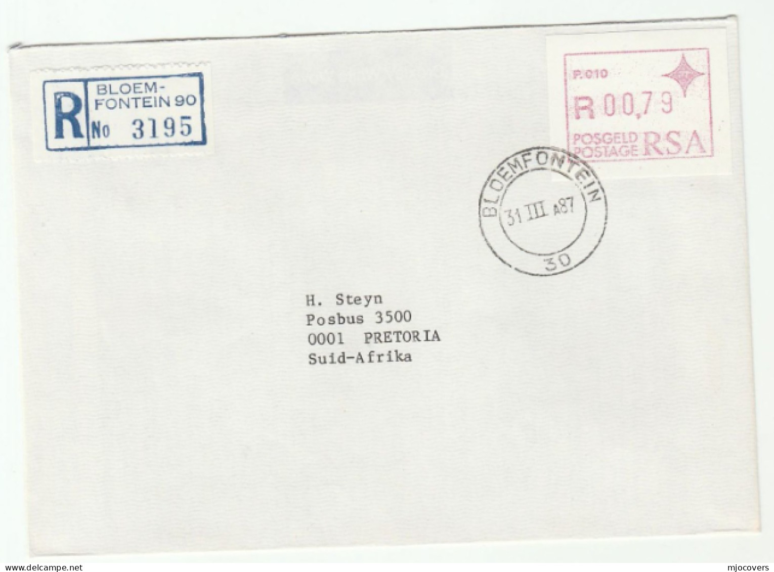 1987 Registered SOUTH AFRICA  R 00.79 FRAMA ATM Label  Stamps COVER  Bloemfontein To Pretoria - Covers & Documents