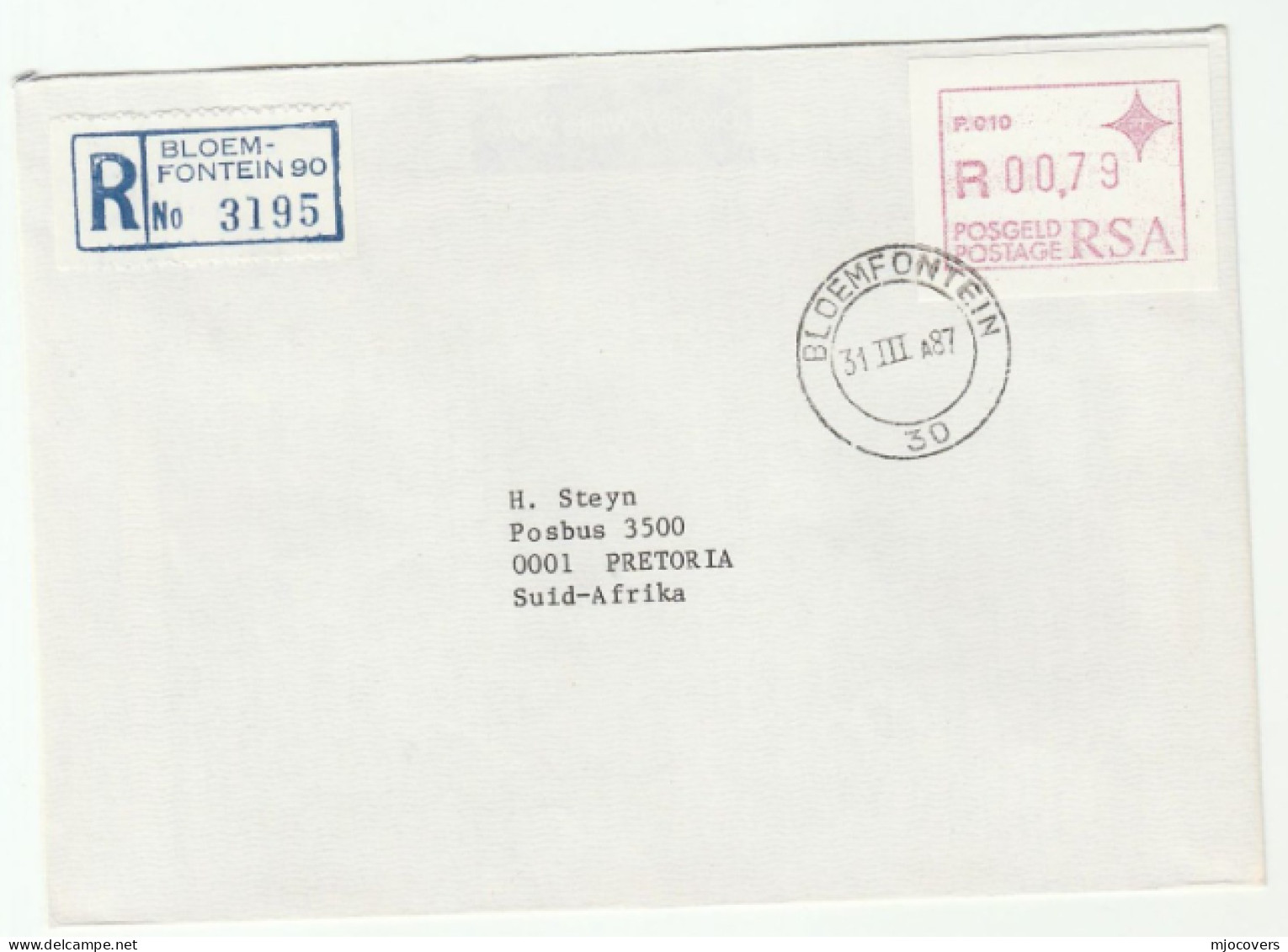 1987 Registered SOUTH AFRICA  R 00.79 FRAMA ATM Label  Stamps COVER  Bloemfontein To Pretoria - Lettres & Documents