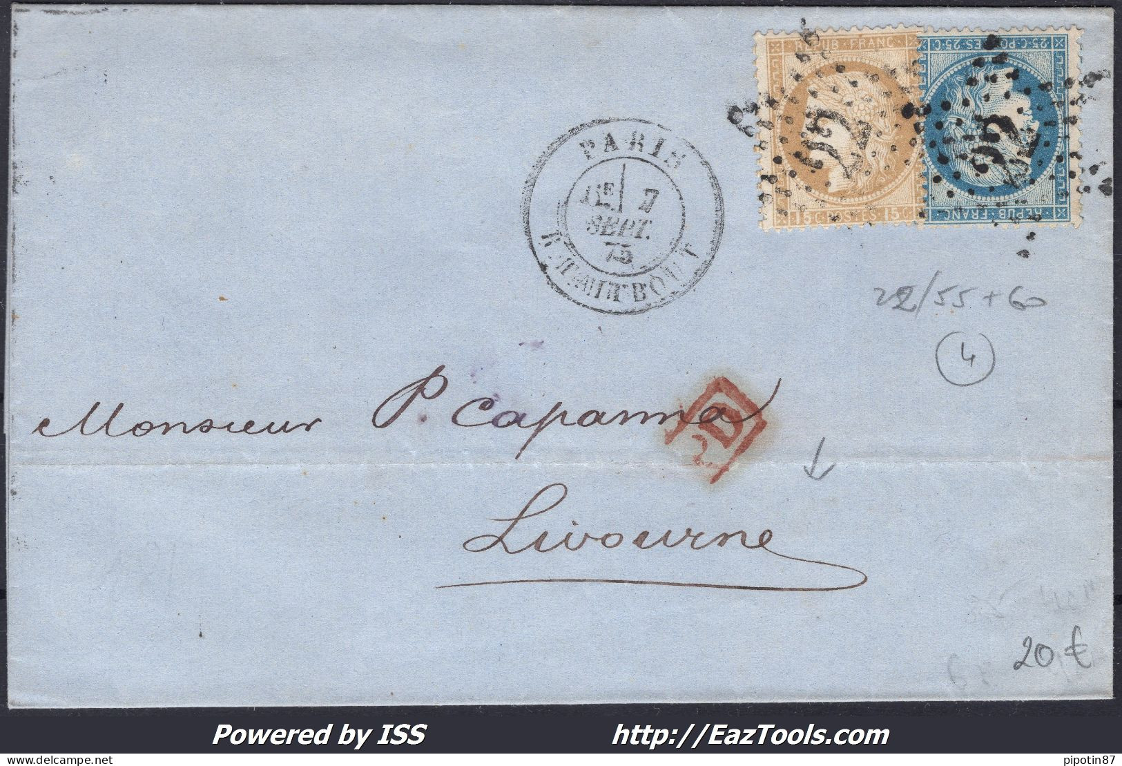 FRANCE N°55+60 SUR LETTRE ETOILE DE PARIS 22 + CAD R. TAITBOUT DU 07/09/1875 - 1871-1875 Cérès