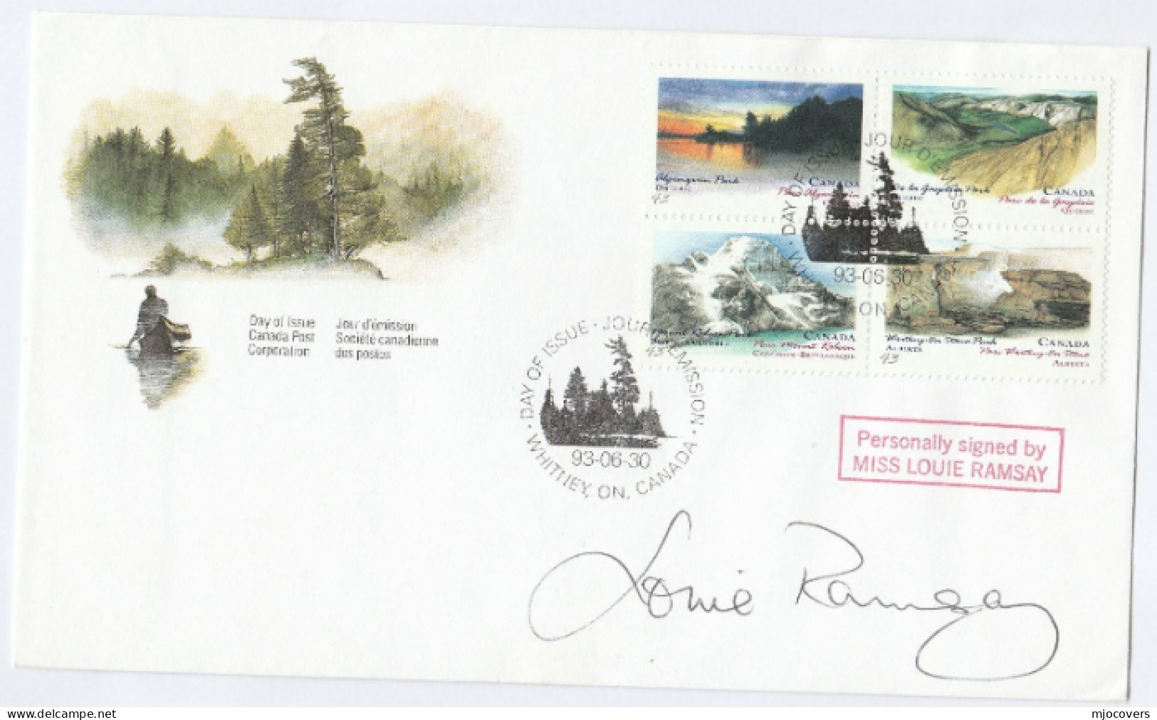 'Certified 1 Of 1'  FDC SIGNED By ACTRESS LOUIE RAMSAY  Canada National Parks Stamps 1993 Cover Theatre Television Actor - 1991-2000
