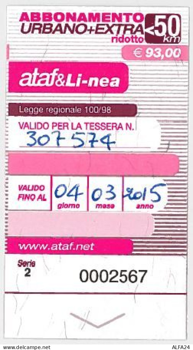 ABBONAMENTO BUS USATO ATAF FIRENZE URBANO+EXTRA 50KM 93E RID (2567 - Europa