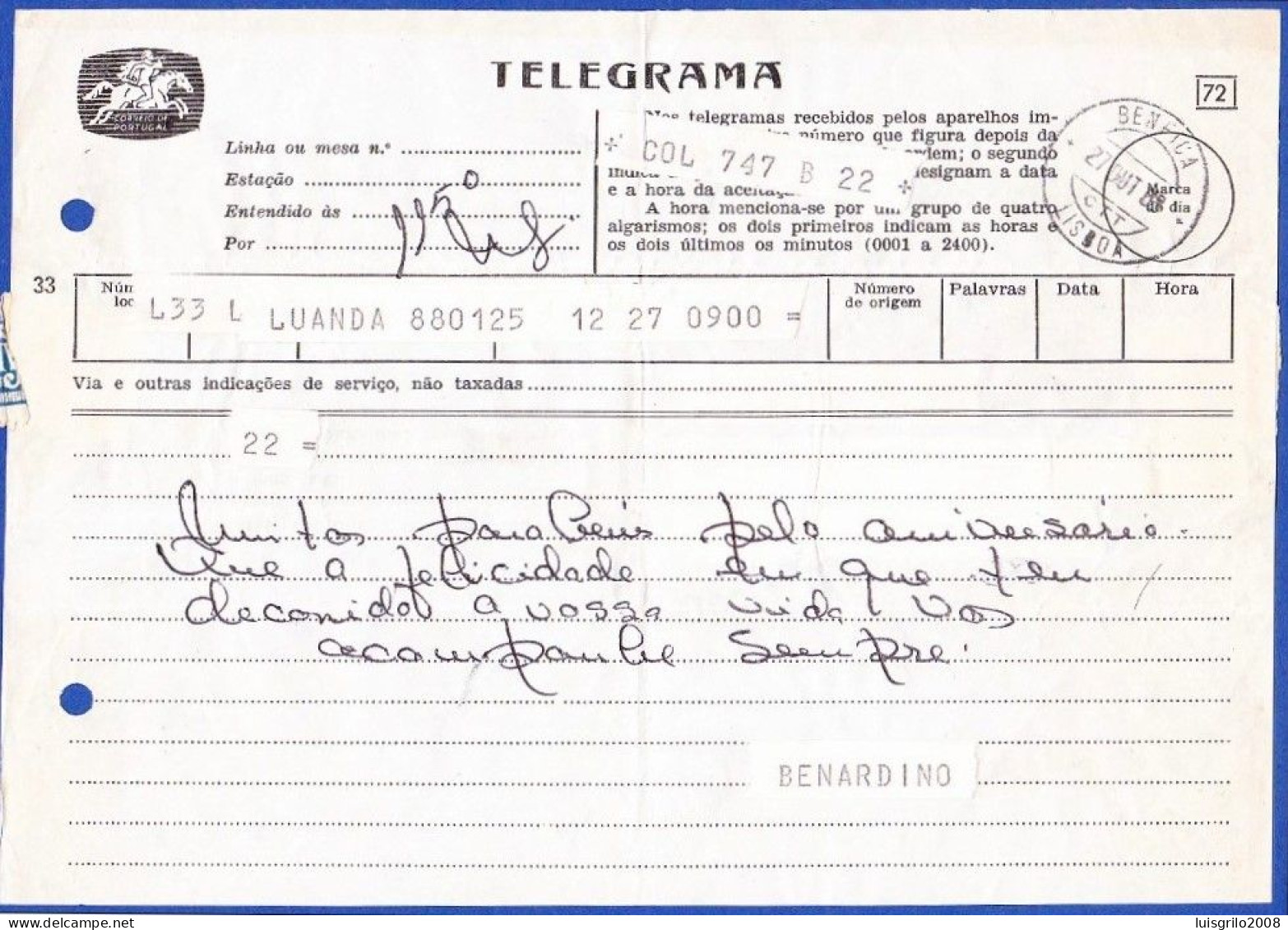 Telegram/ Telegrama - Luanda, Angola > Lisboa -|- Postmark - Benfica. Lisboa. 1968 - Brieven En Documenten