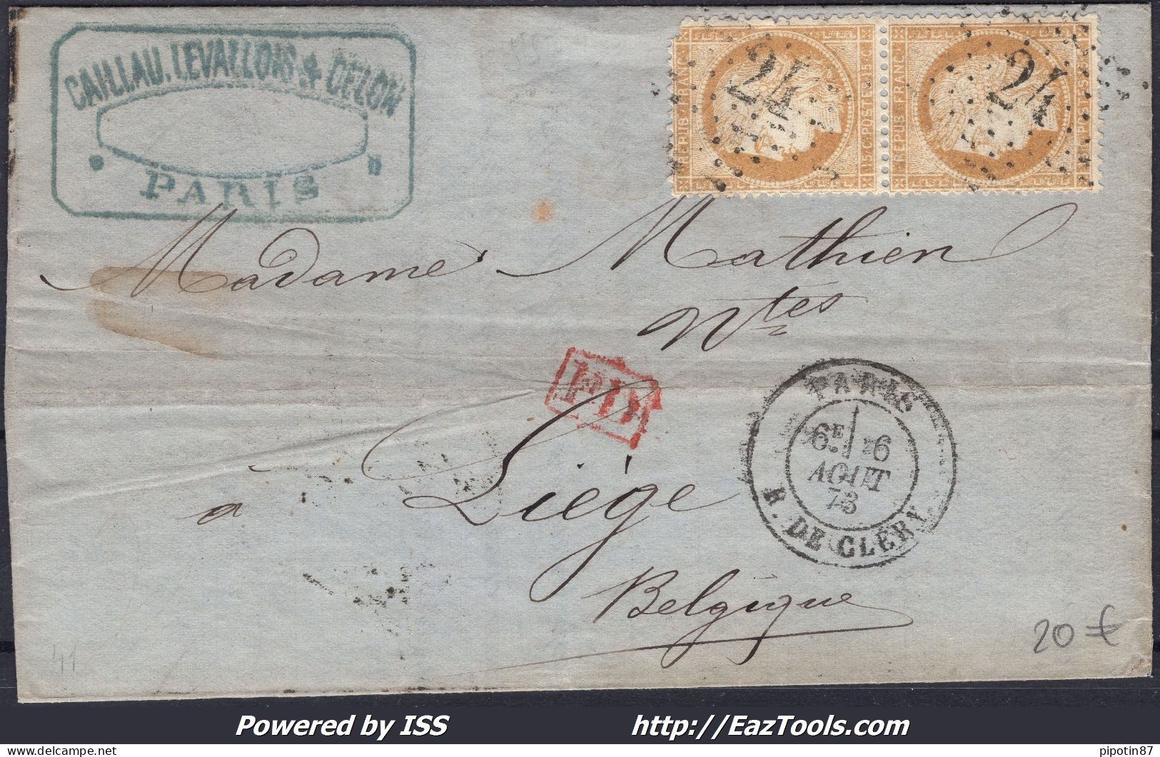 FRANCE N°59x2 SUR LETTRE AVEC ETOILE DE PARIS 24 + CAD R. DE CLÉRY DU 06/08/1873 - 1871-1875 Ceres