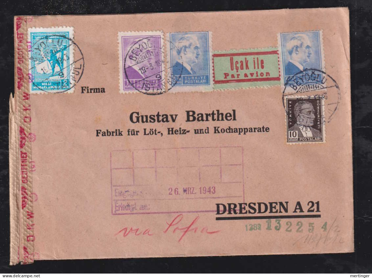 Türkei Turkey 1943 Censor Airmail Cover ISTANBUL X DRESDEN Germany Via SOFIA - Brieven En Documenten