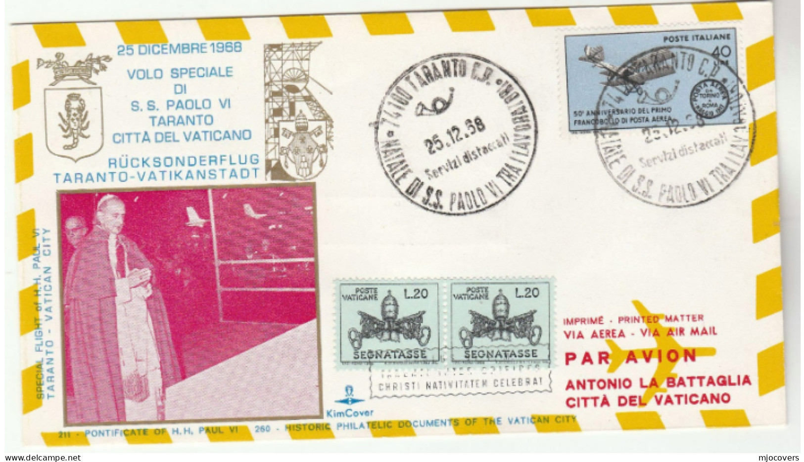 VATICAN & ITALY Stamps On CHRISTMAS DAY Special PAPAL FLIGHT COVER 1968 Pope Religion Aviation - Brieven En Documenten