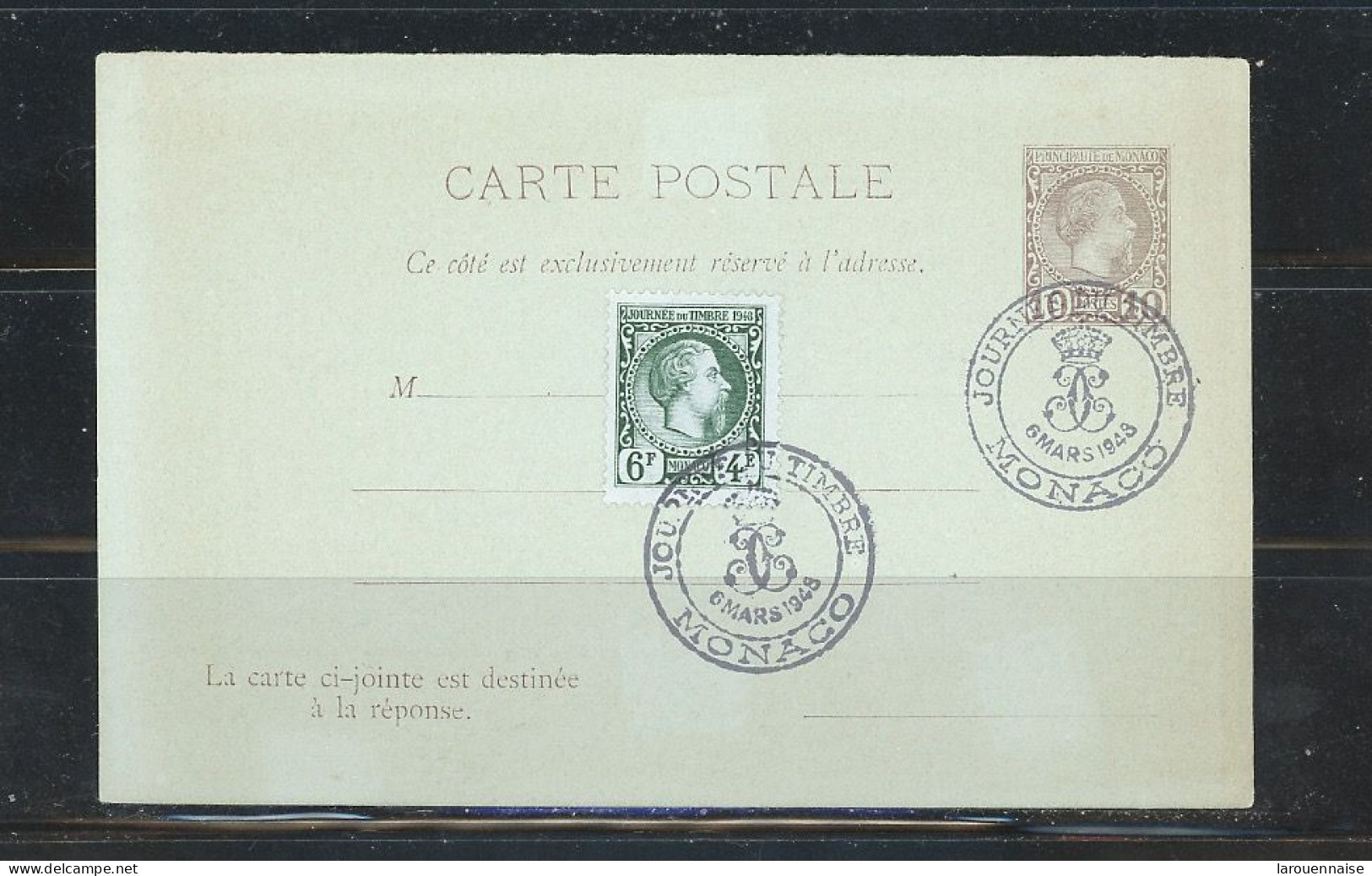 MONACO -ENTIER - CP (RP)-TYPE CHARLES III-N°5 -COTÉ RÉPONSE + N°301 OBLITERATION TEMPORAIRE JOURNÉE DU TIMBRE 1948 - Postal Stationery