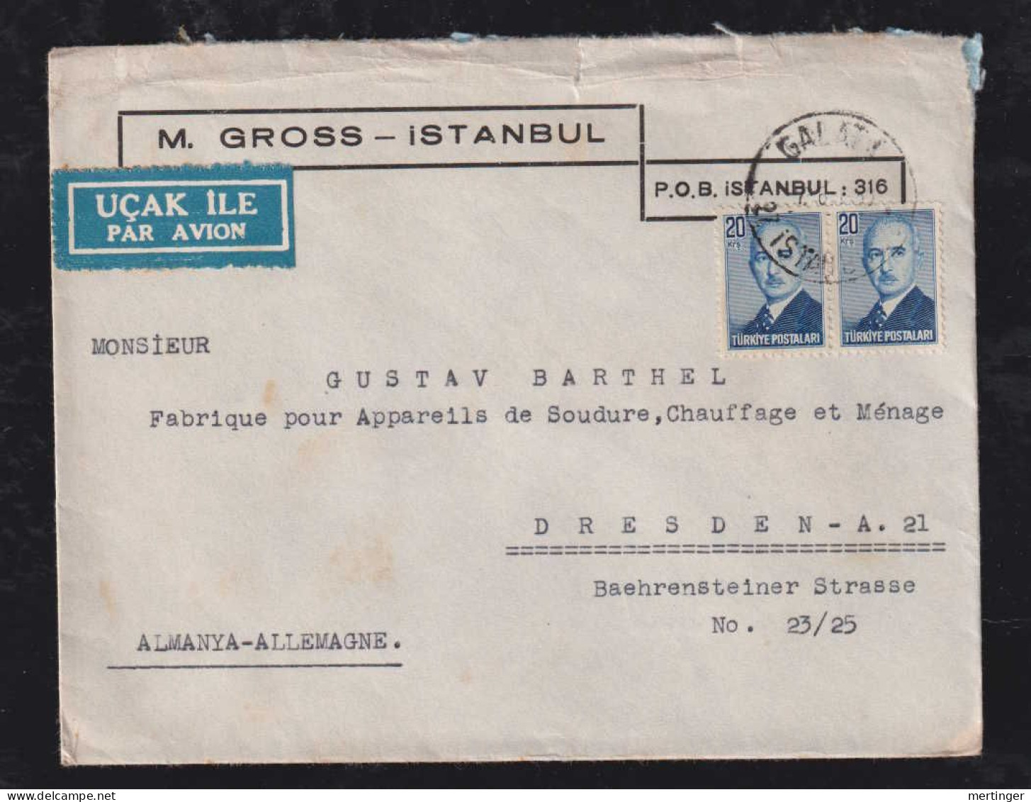 Türkei Turkey 1950 Airmail Cover ISTANBUL X DRESDEN Germany - Covers & Documents