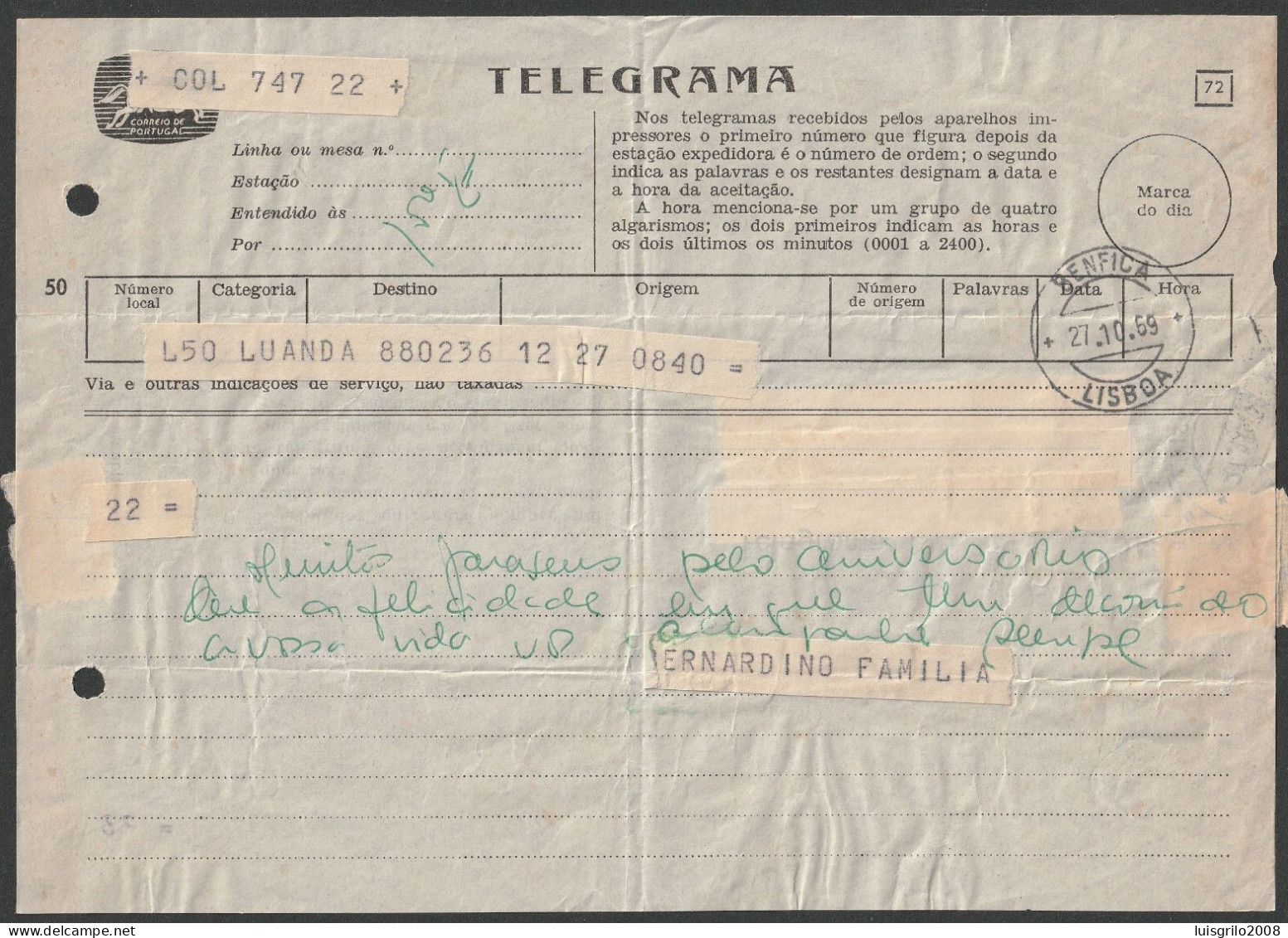 Telegram/ Telegrama - Luanda, Angola > Lisboa -|- Postmark - Benfica. Lisboa. 1969 - Covers & Documents