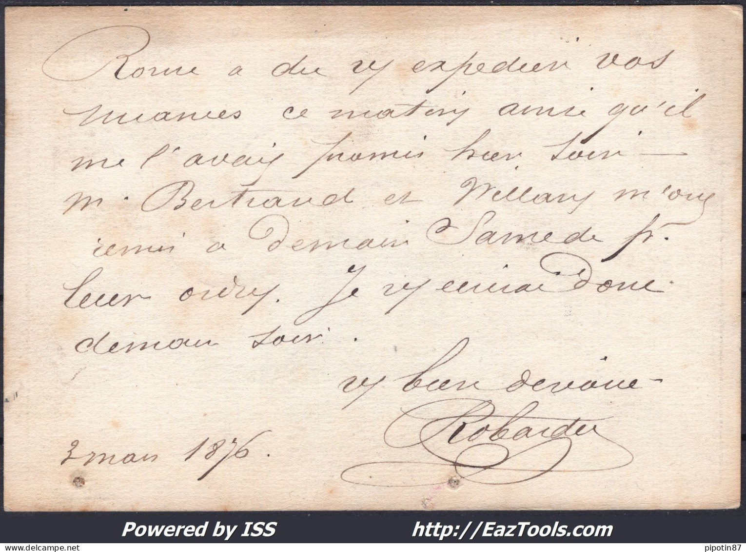 FRANCE N°55 SUR CP AVEC GC 24 POUR ETOILE DE PARIS CAD R. DE CLÉRY DU 04/03/1876 - 1871-1875 Ceres