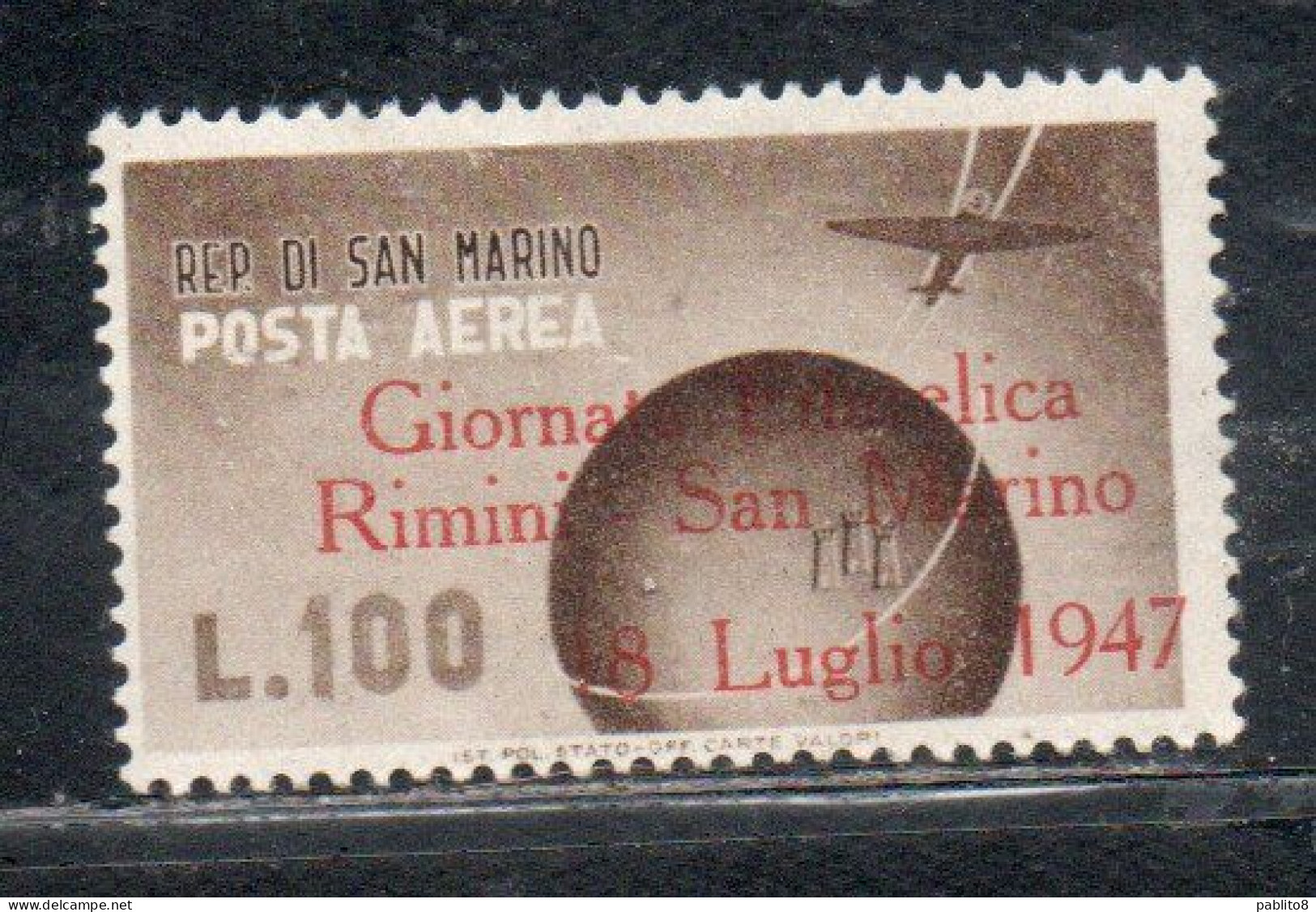 REPUBBLICA DI SAN MARINO 1947 POSTA AEREA AIR MAIL GIORNATA FILATELICA RIMINI LIRE 100 MNH - Luftpost