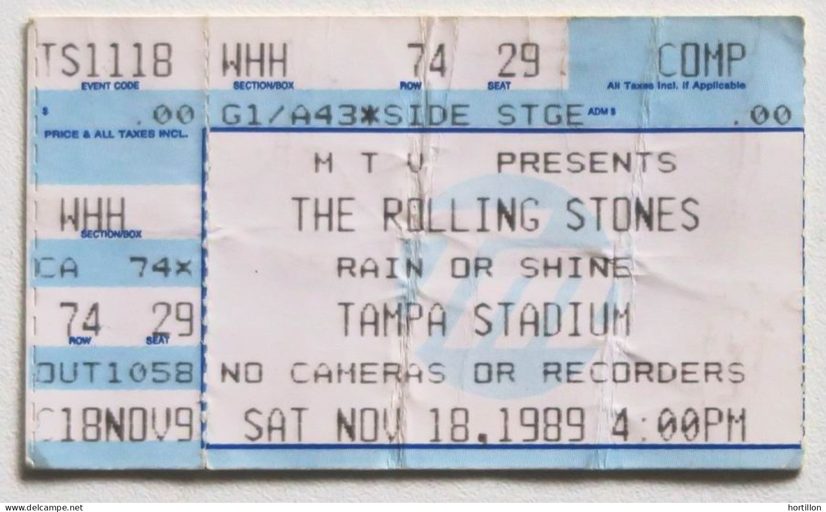 Billet Concert Ticket Stub THE ROLLING STONES USA 18/11/1989 Tampa Stadium Amérique - Concert Tickets