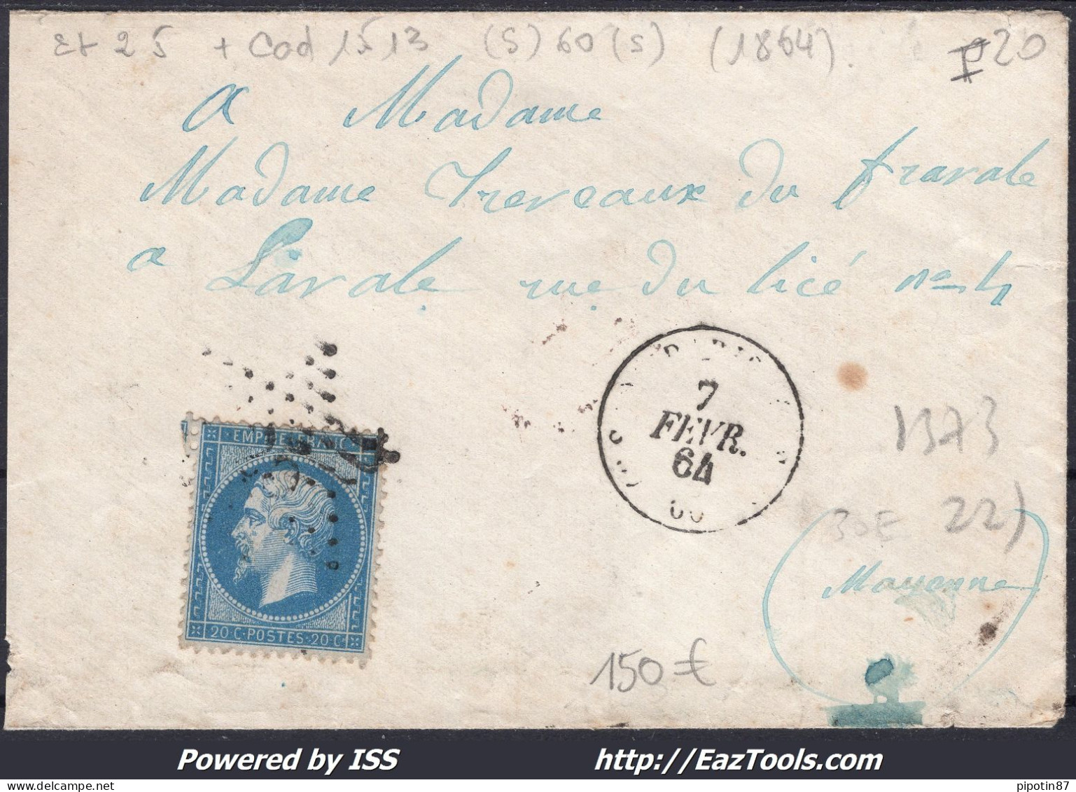 FRANCE N°22 SUR LETTRE ETOILE DE PARIS 25 + CAD 1513 (S) 60 (S) DU 07/02/1864 - 1862 Napoléon III