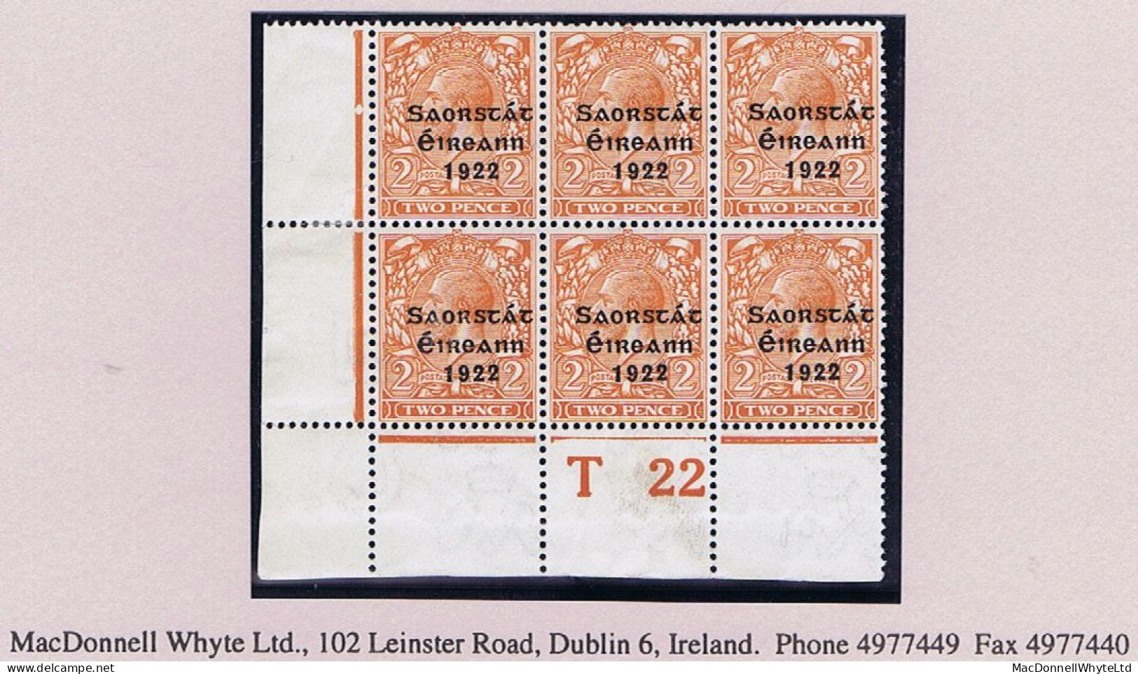 Ireland 1922-23 Thom Saorstát 3-line Overprint In Blue-black On 2d Orange, Corner Block Of 6 Control T22 Perf, Mint - Ongebruikt