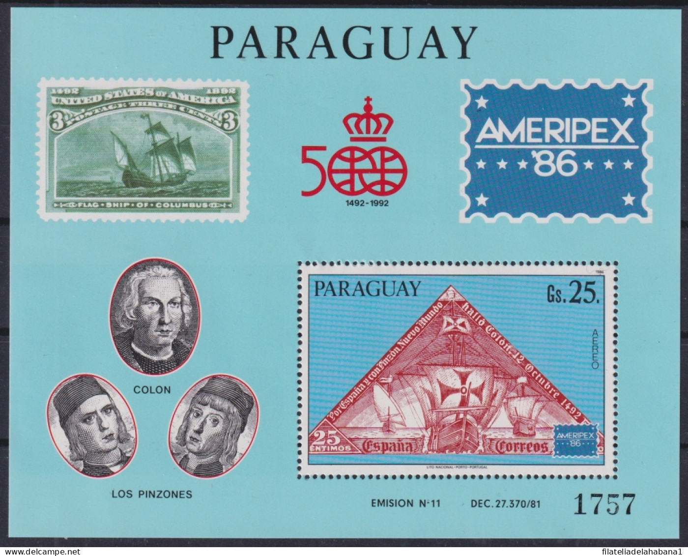 F-EX45229 PARAGUAY MNH 1986 DISCOVERY OF AMERICA BARCOS SHIP COLUMBUS AMERIPEX.  - Christophe Colomb