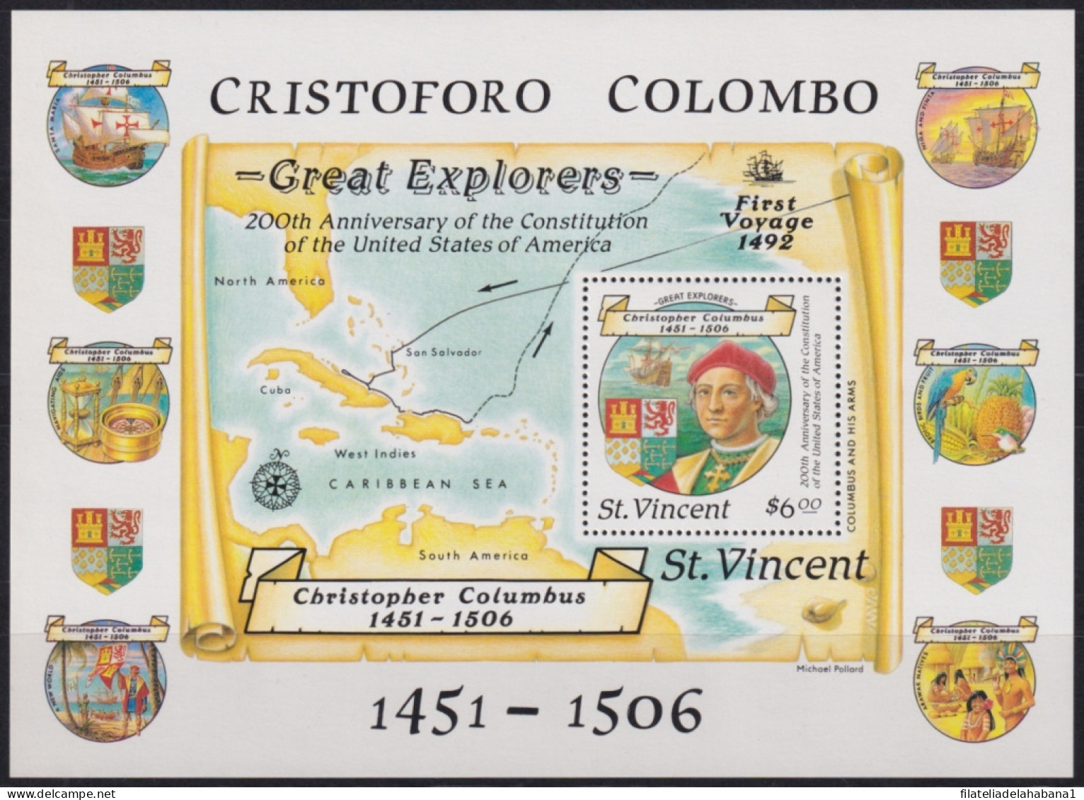 F-EX46008 ST VINCENT MNH 1988 DISCOVERY DESCUBRIMIENTO COLUMBUS SHIP COLON SHEET.  - Cristóbal Colón